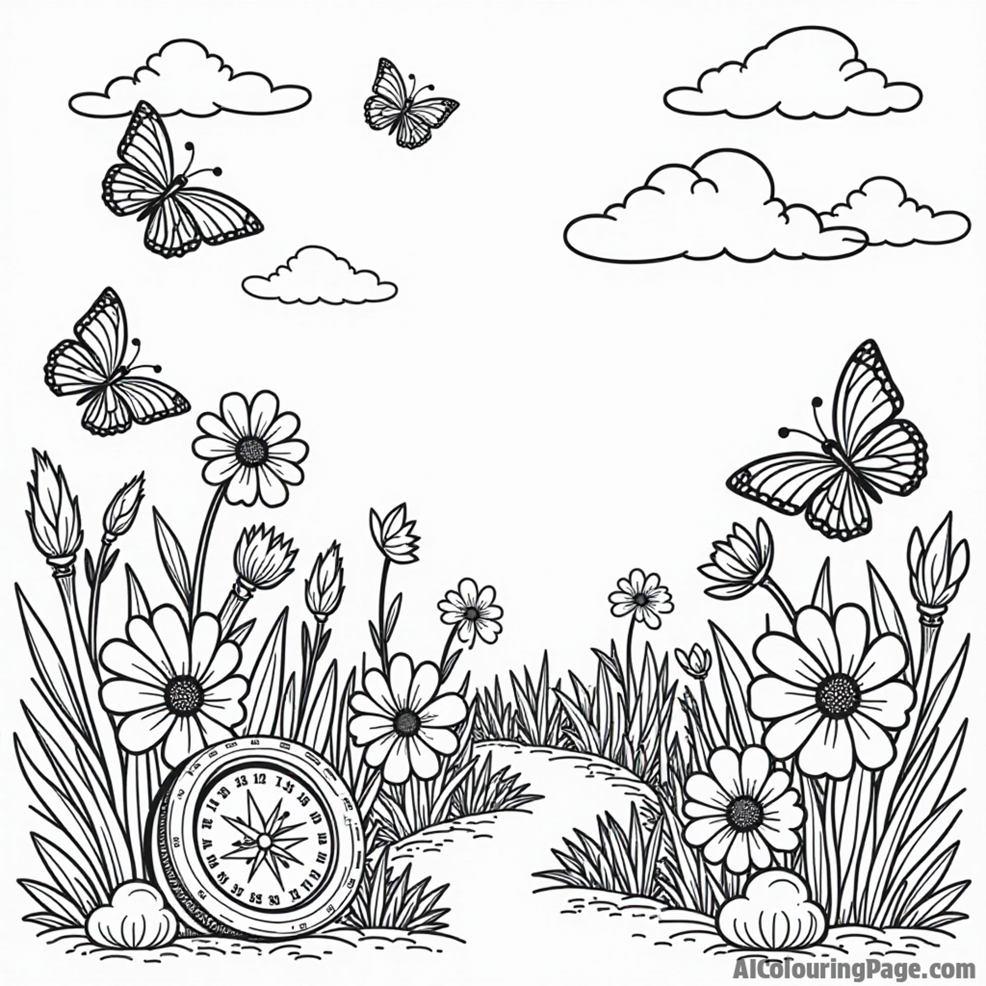 A charming garden featuring a compass, blooming flowers, and playful butterflies, inviting kids to explore their creativity through this delightful coloring page full of nature.