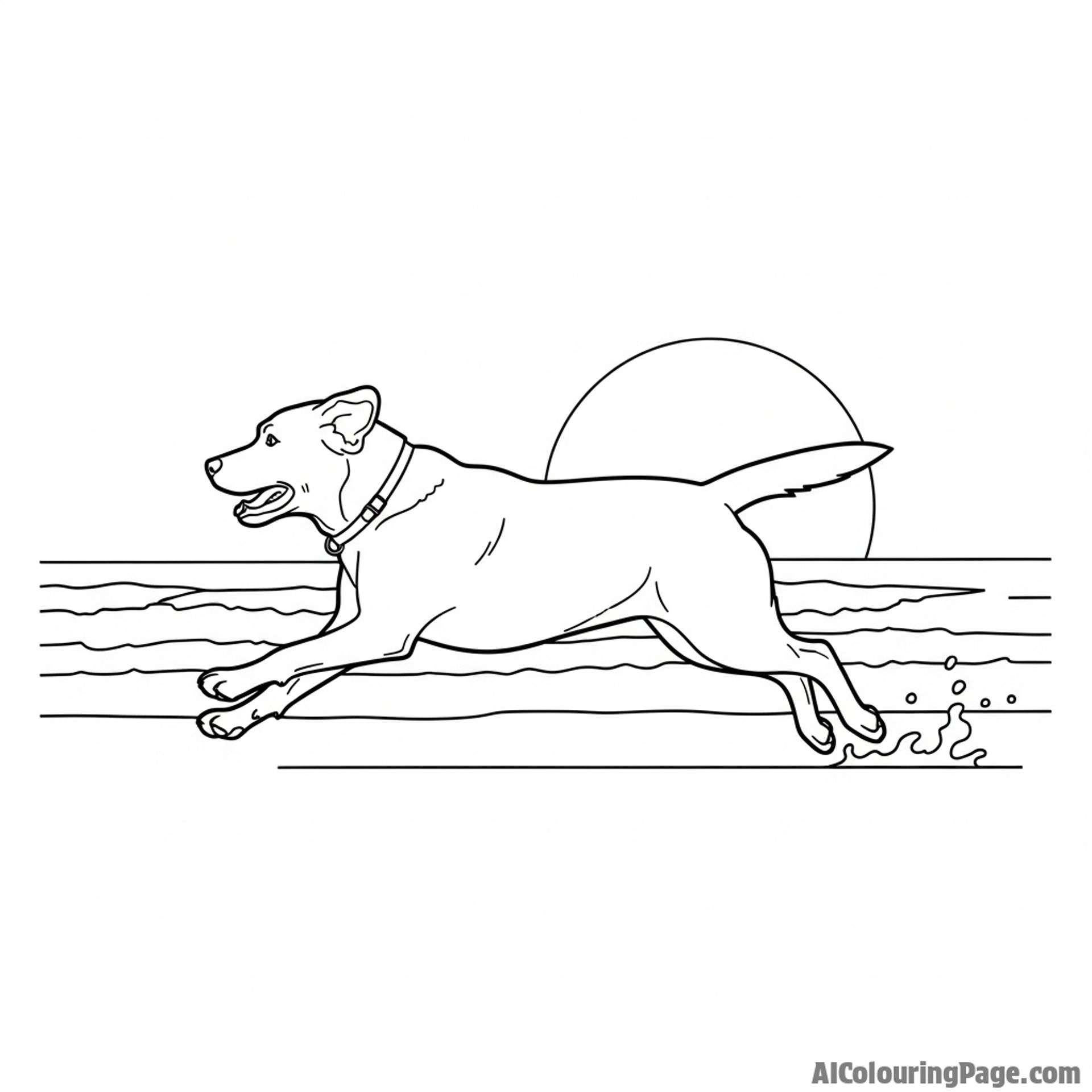 Silhouette of a dog running on a beach at sunset.