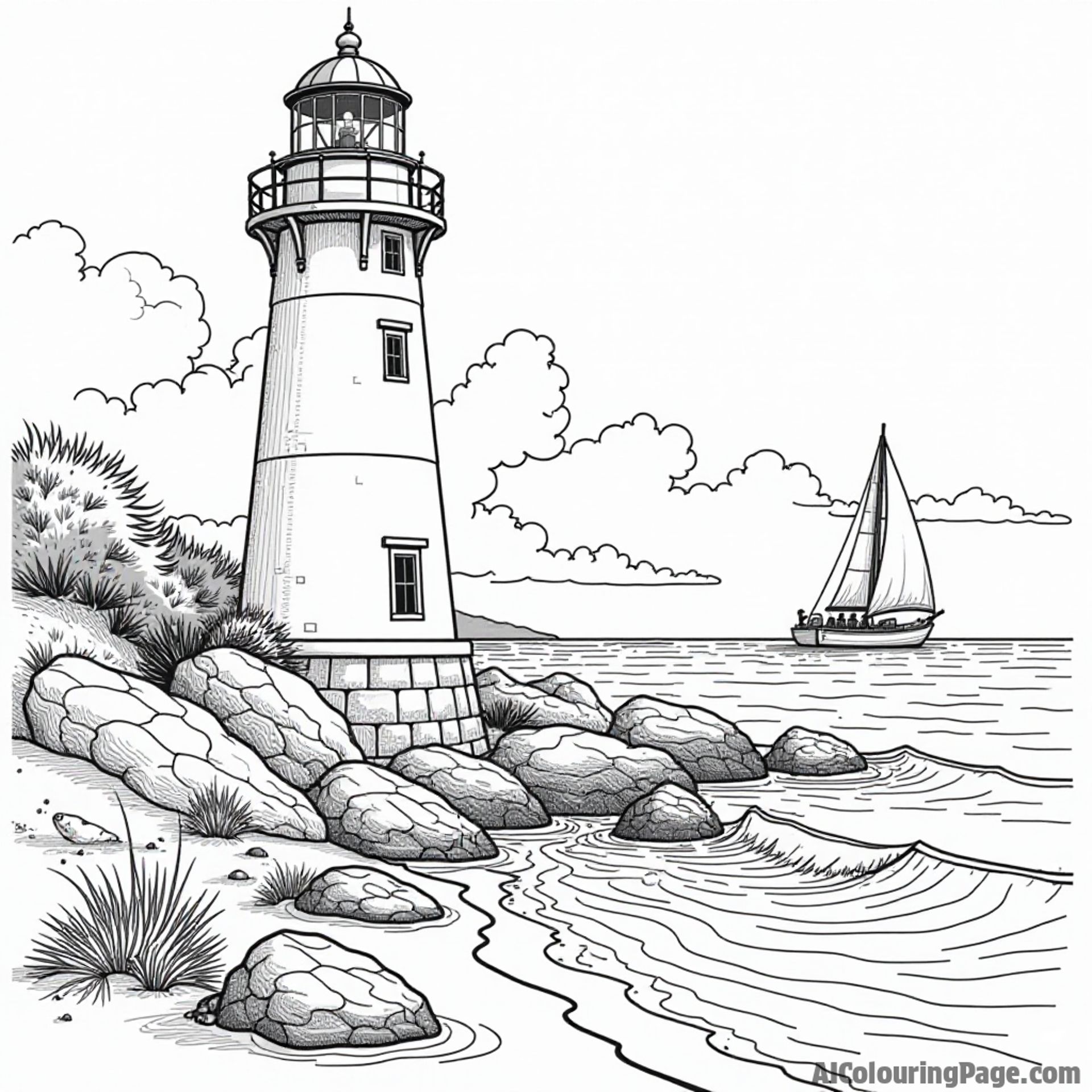 A picturesque lighthouse by the shore with crashing waves, beach rocks, and a sailboat in the distance for coloring delight.
