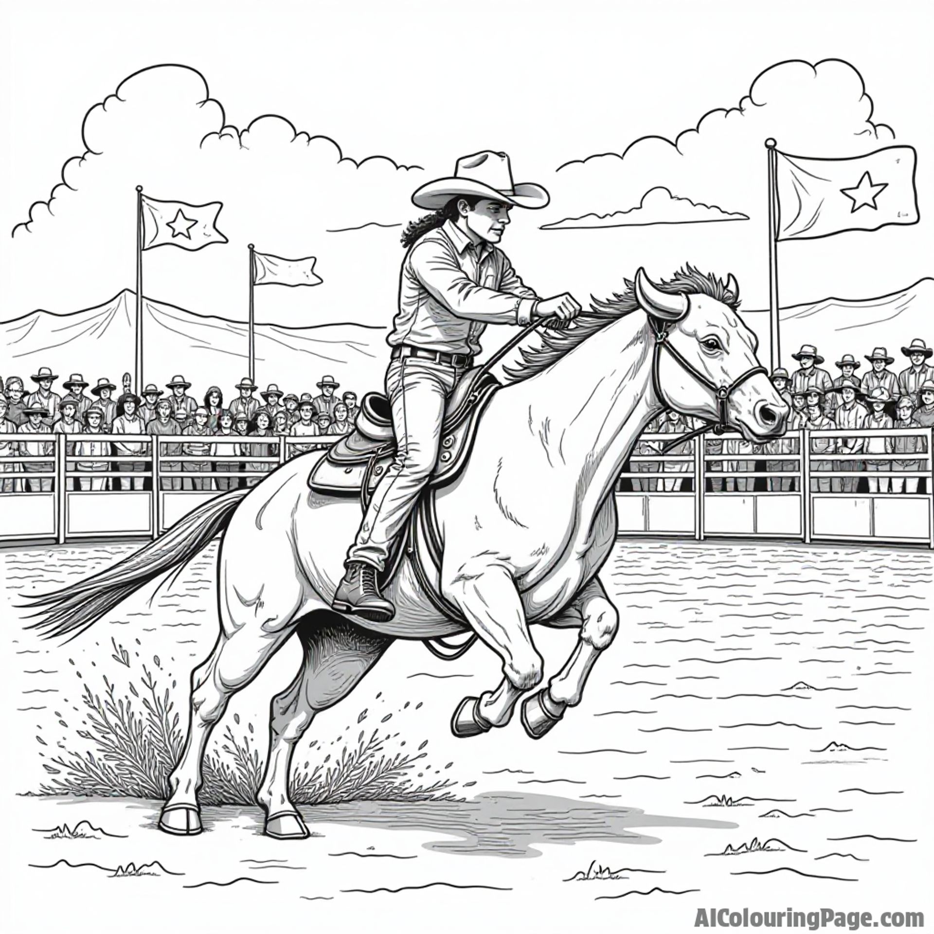 A vibrant Montana rodeo event showcasing a bull rider, cheering crowd, and colorful flags, encouraging imaginative coloring for kids.