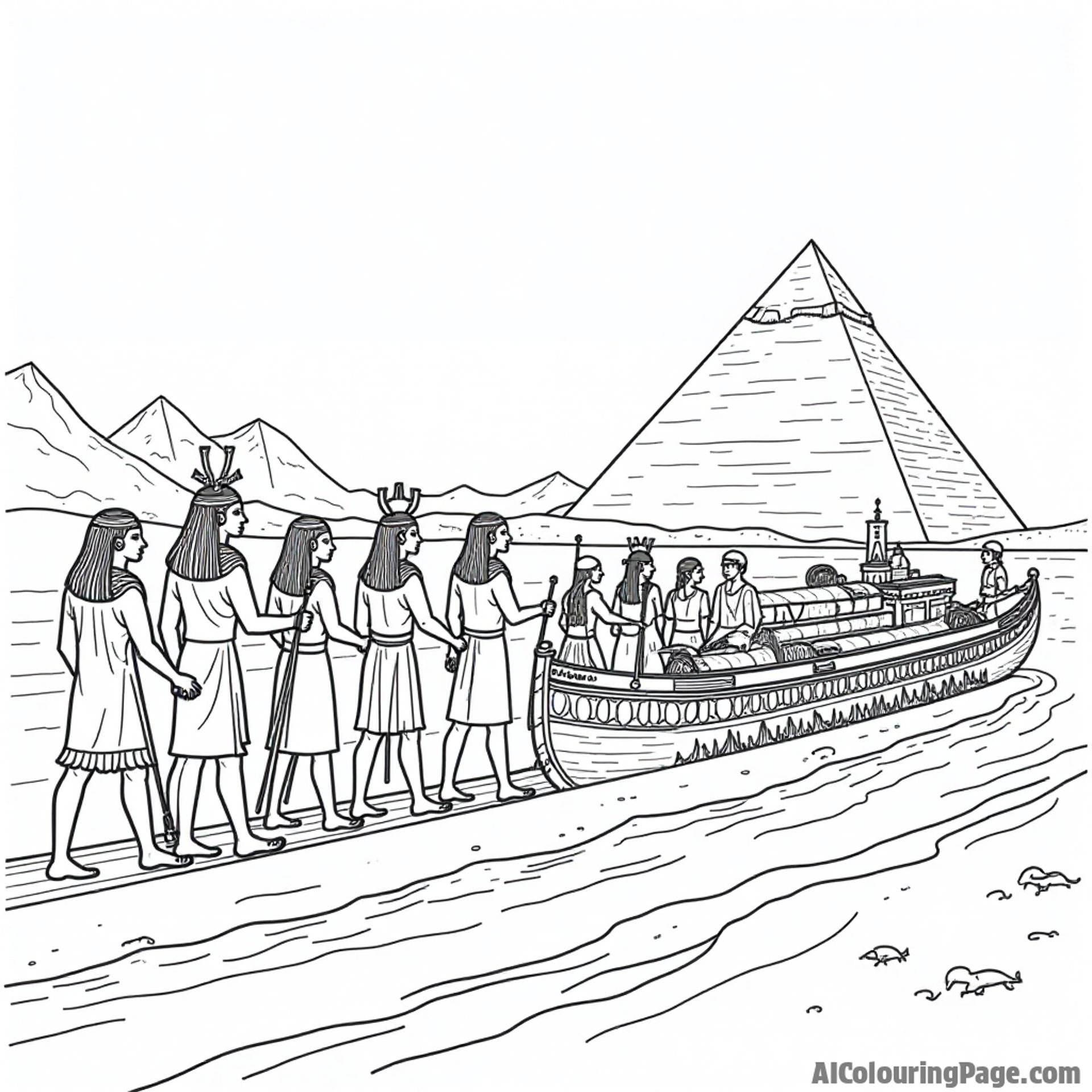 A scene of a pharaoh's funeral procession with decorated boats on the Nile, sacred symbols, and mourners, providing a glimpse into ancient Egyptian burial practices and their beliefs about the afterlife.