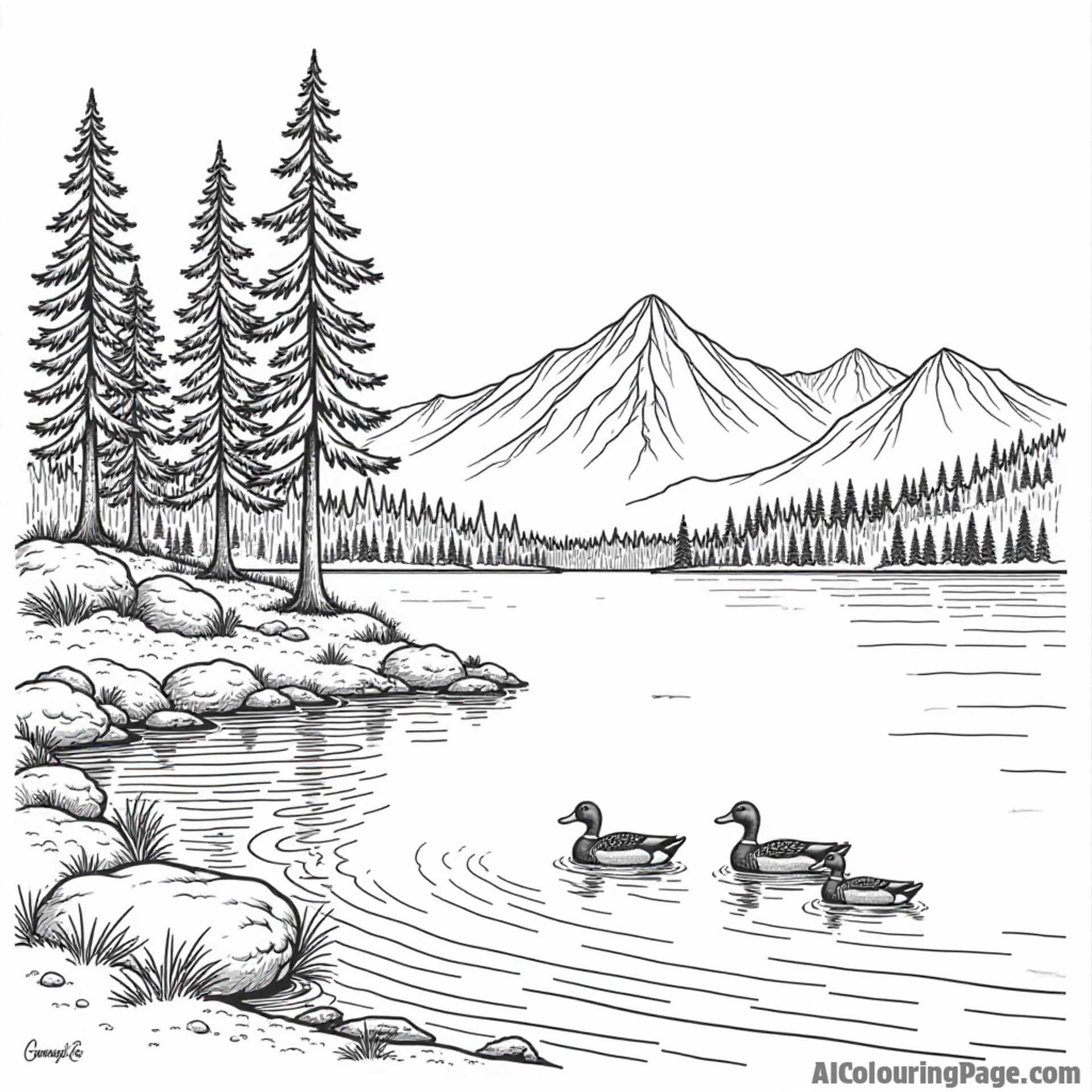 A serene Lake Tahoe scene with pine trees, a family of ducks swimming, and mountains in the distance, United States of America coloring pages