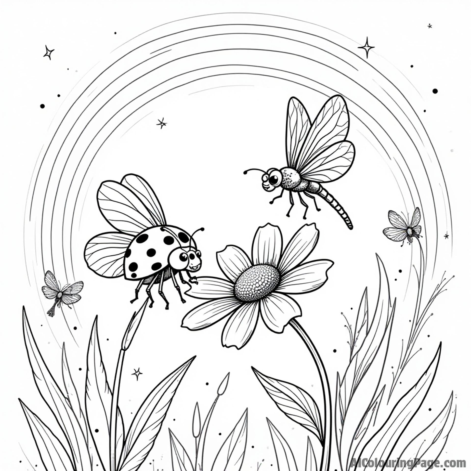 A ladybug and a dragonfly sharing a flower, with a rainbow in the background and birds singing nearby.