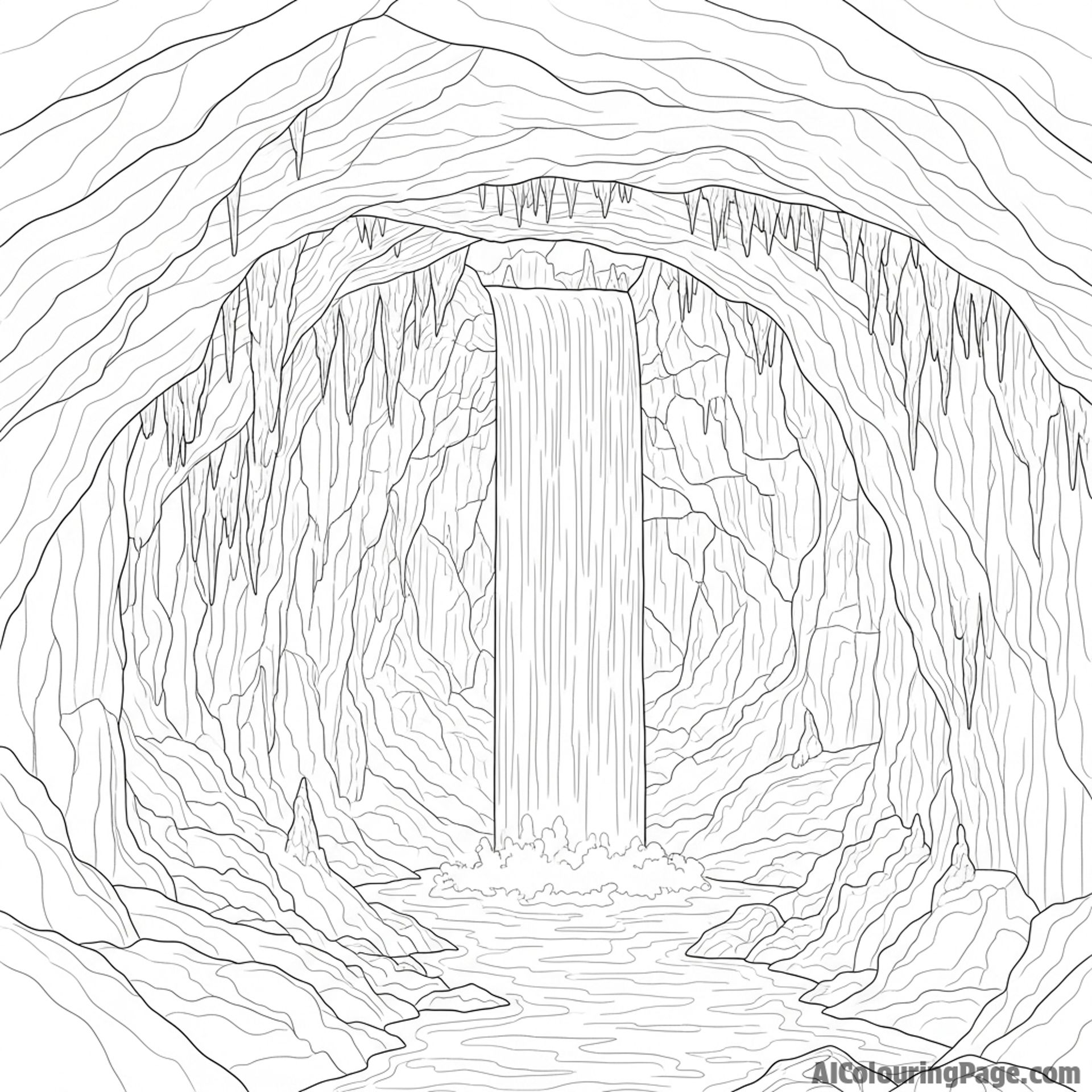 A subterranean waterfall within a vast cave.