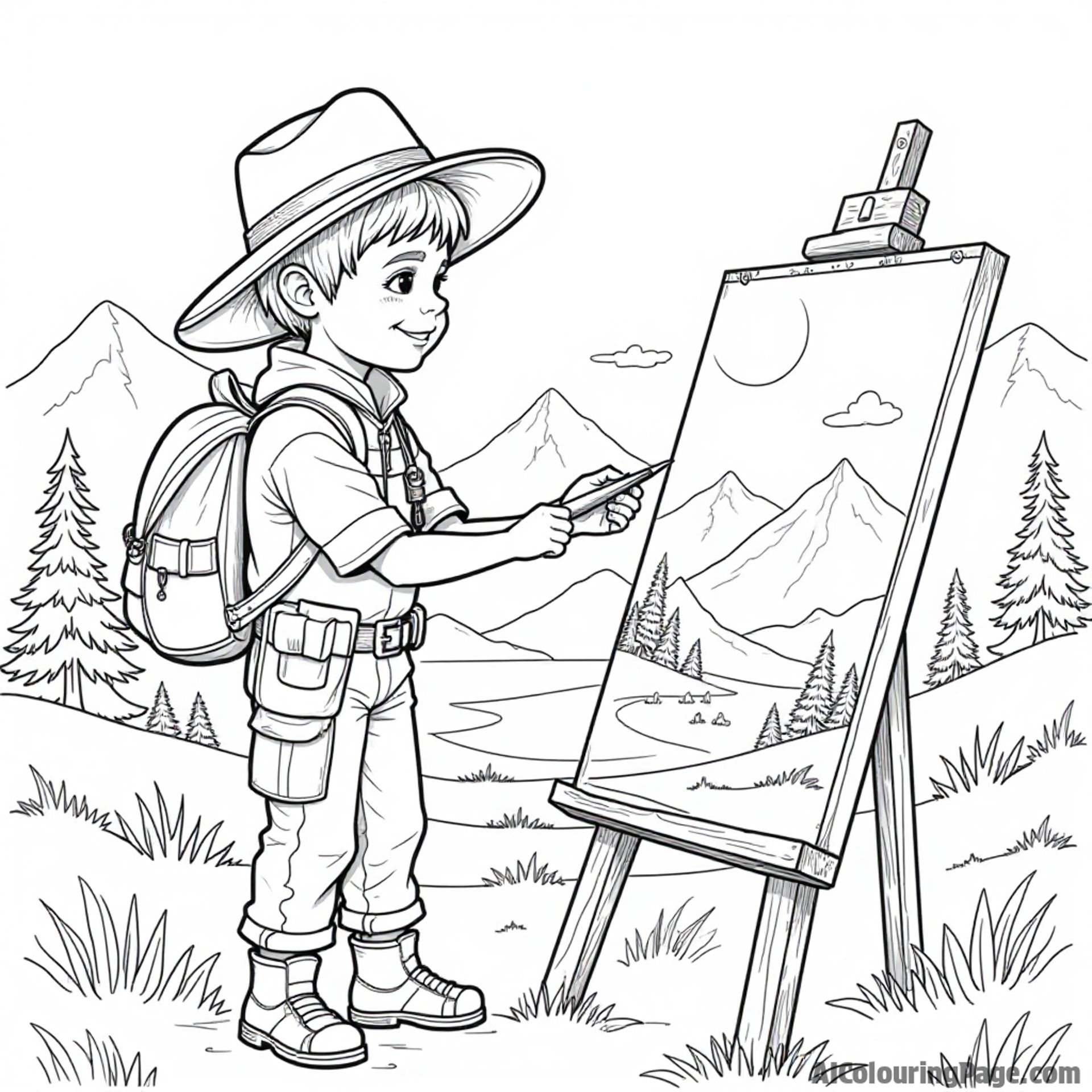 A young explorer in a large hat, painting a landscape on a canvas, with mountains and trees in the background, blending art and adventure for a creative coloring page.