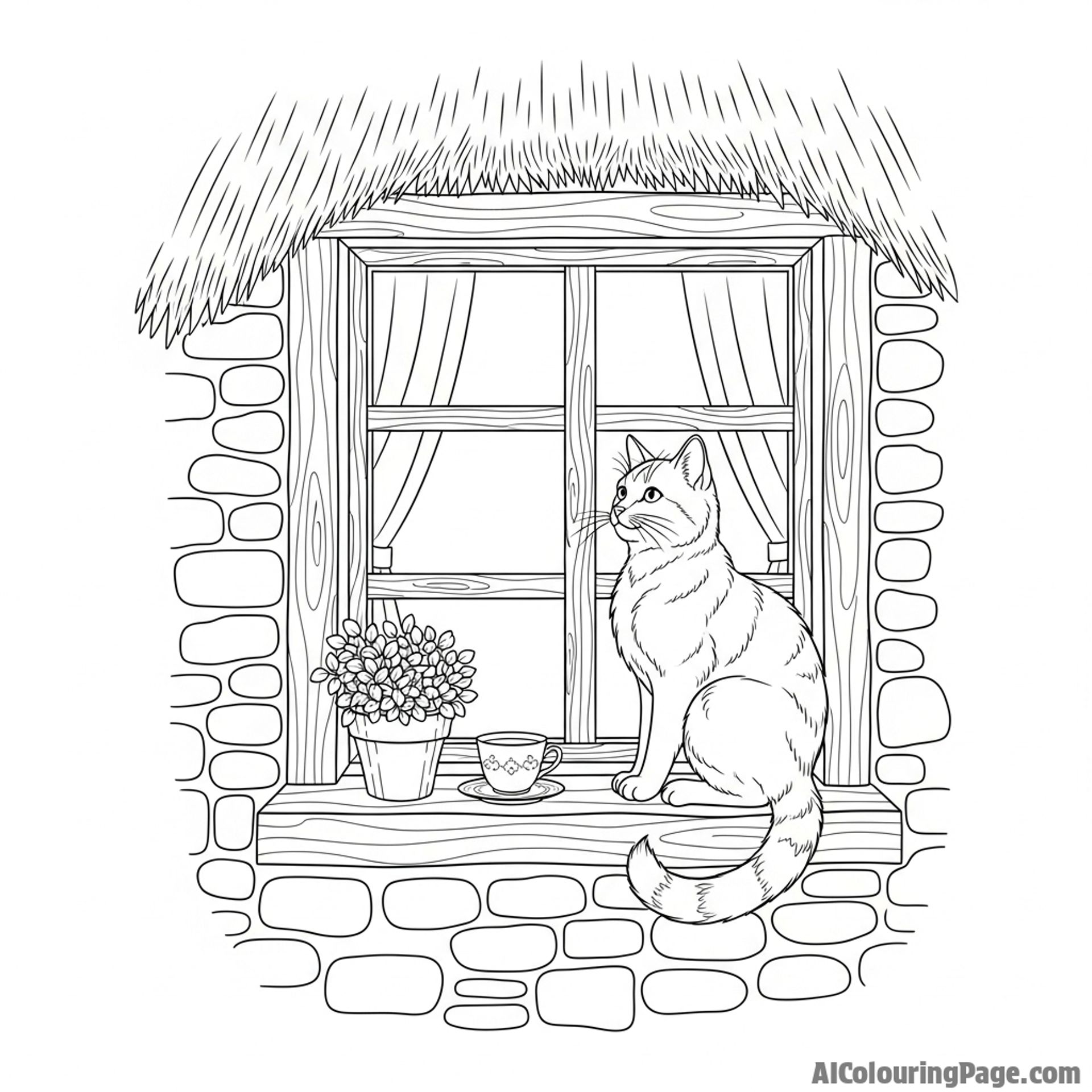 A cat sitting on a windowsill of a cozy, rustic cottage.
