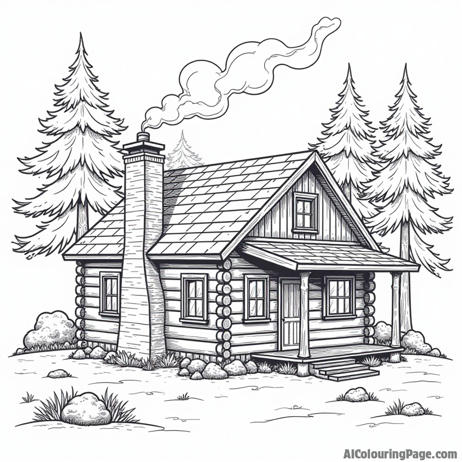 A cozy log cabin nestled in the woods, with smoke rising from the chimney and pine trees surrounding the scene in Maine.
