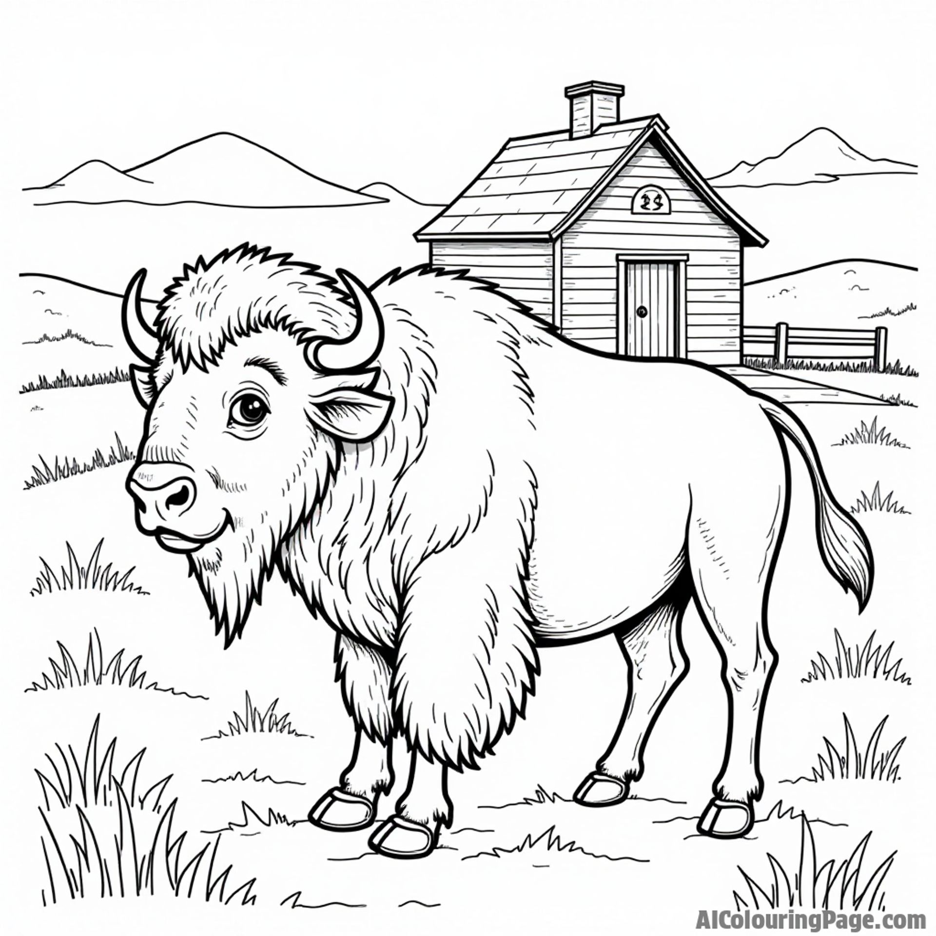A friendly bison standing in front of a historic Kansas sod house with rolling hills in the background.