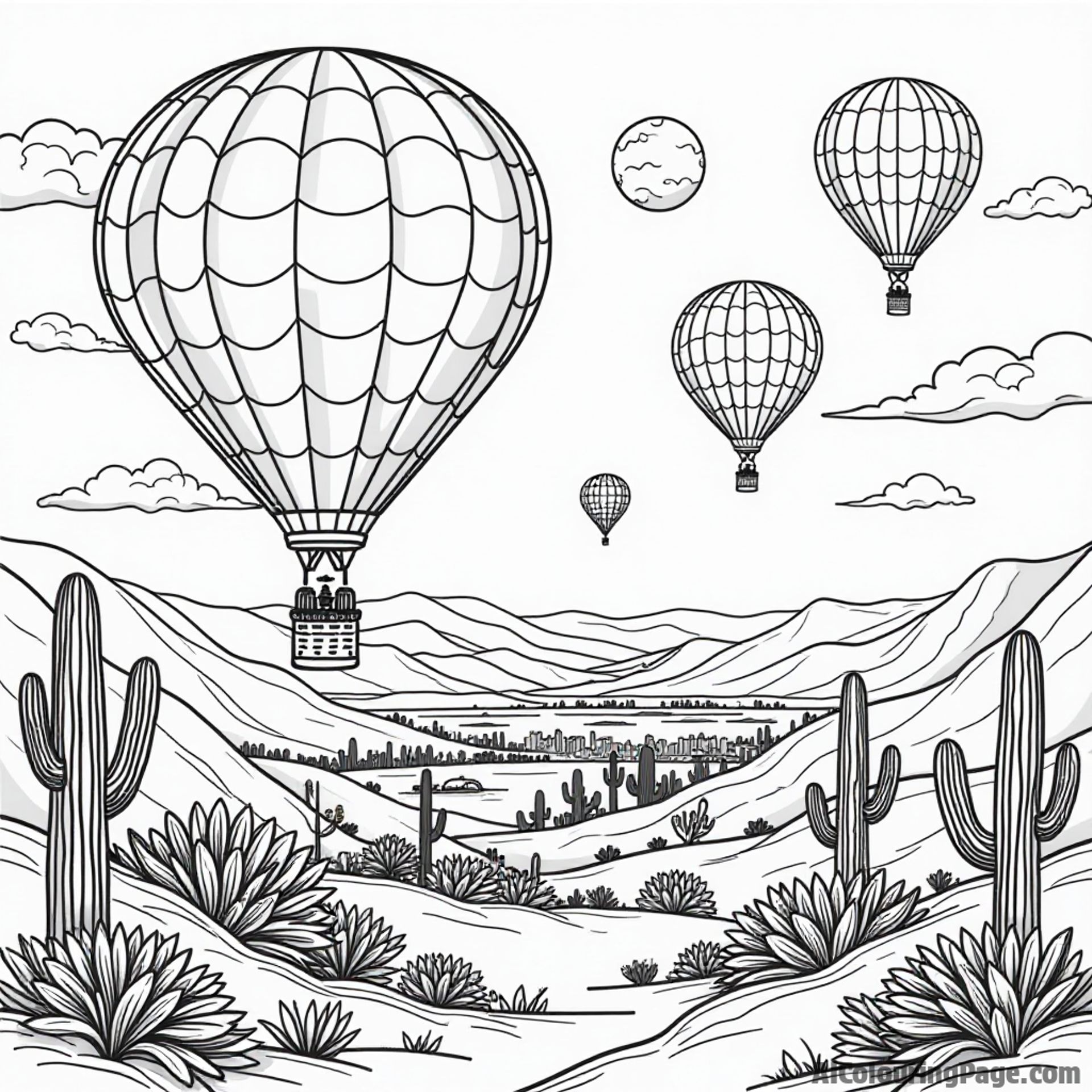 A colorful hot air balloon festival with balloons in the sky, desert flowers, and a distant view of Las Vegas, United States of America coloring pages