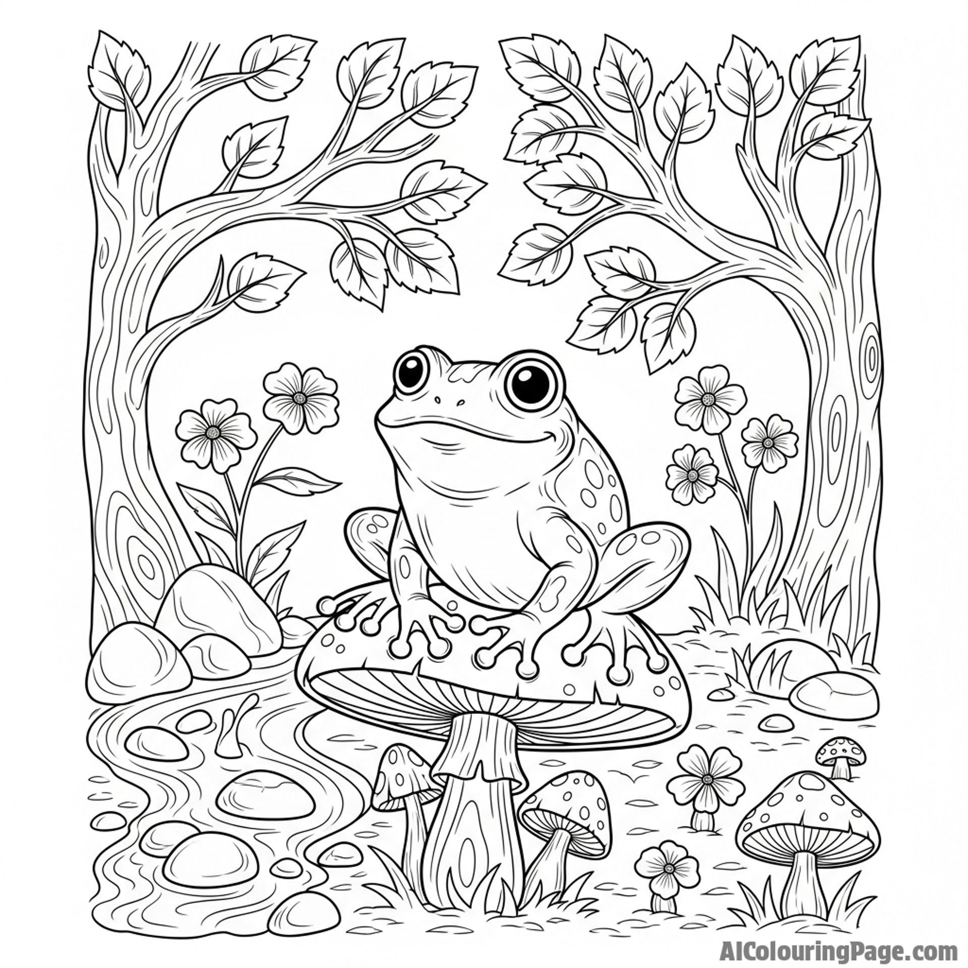 A woodcut-style illustration of a frog in a fairytale forest.