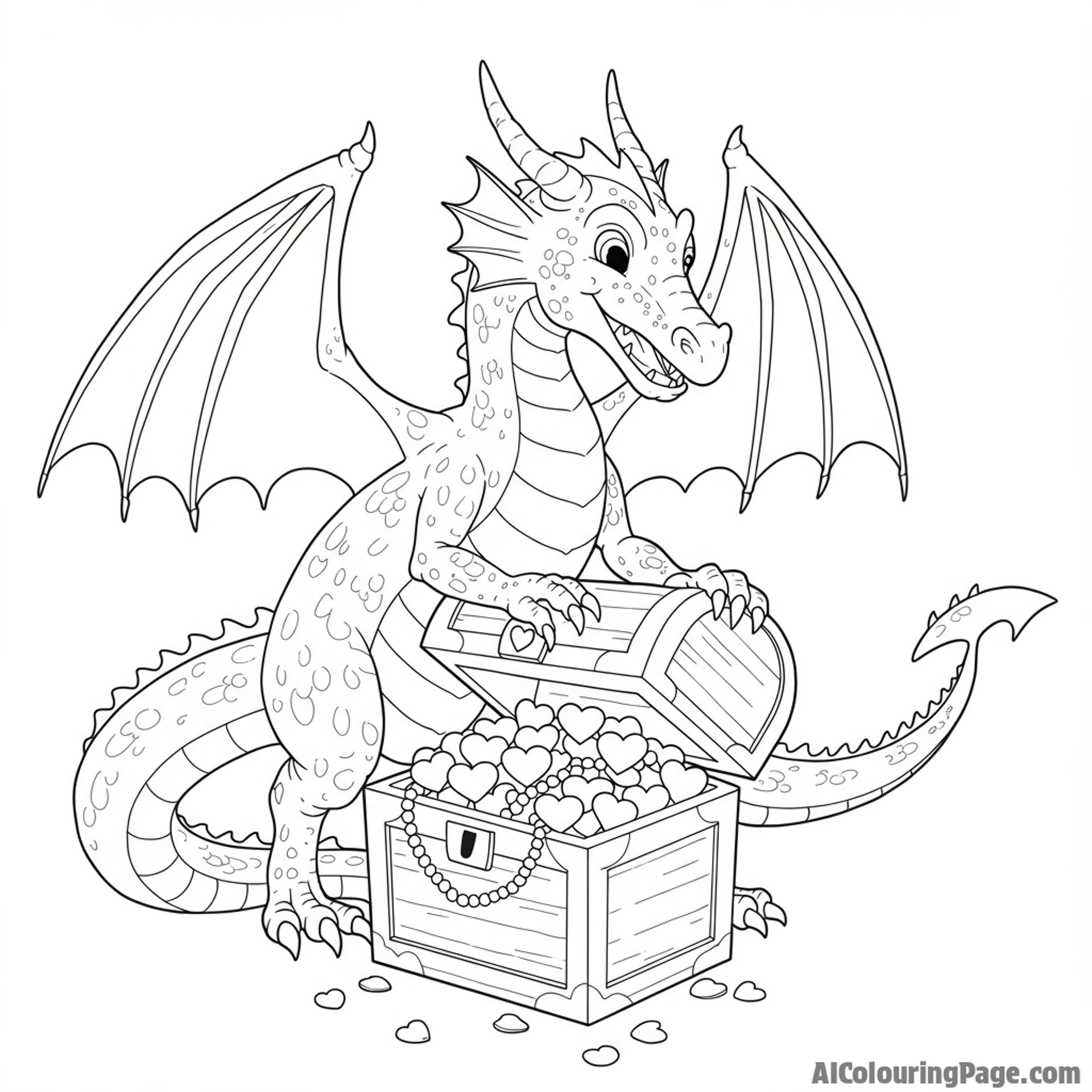 A dragon guarding a treasure chest overflowing with hearts.