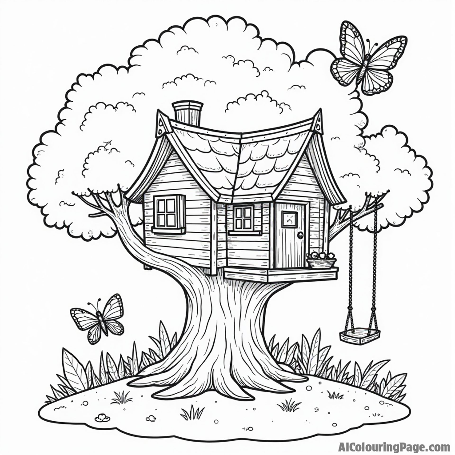 A butterfly flitting around a whimsical treehouse with a swing, inviting children to color their imaginative world.