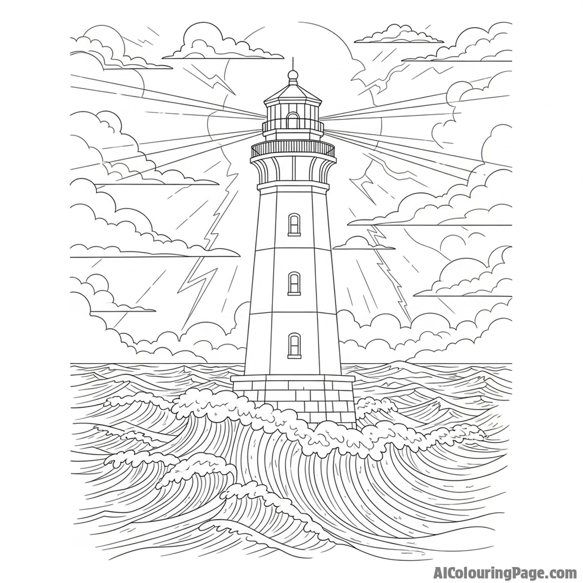 A lighthouse standing tall against a stormy sea.