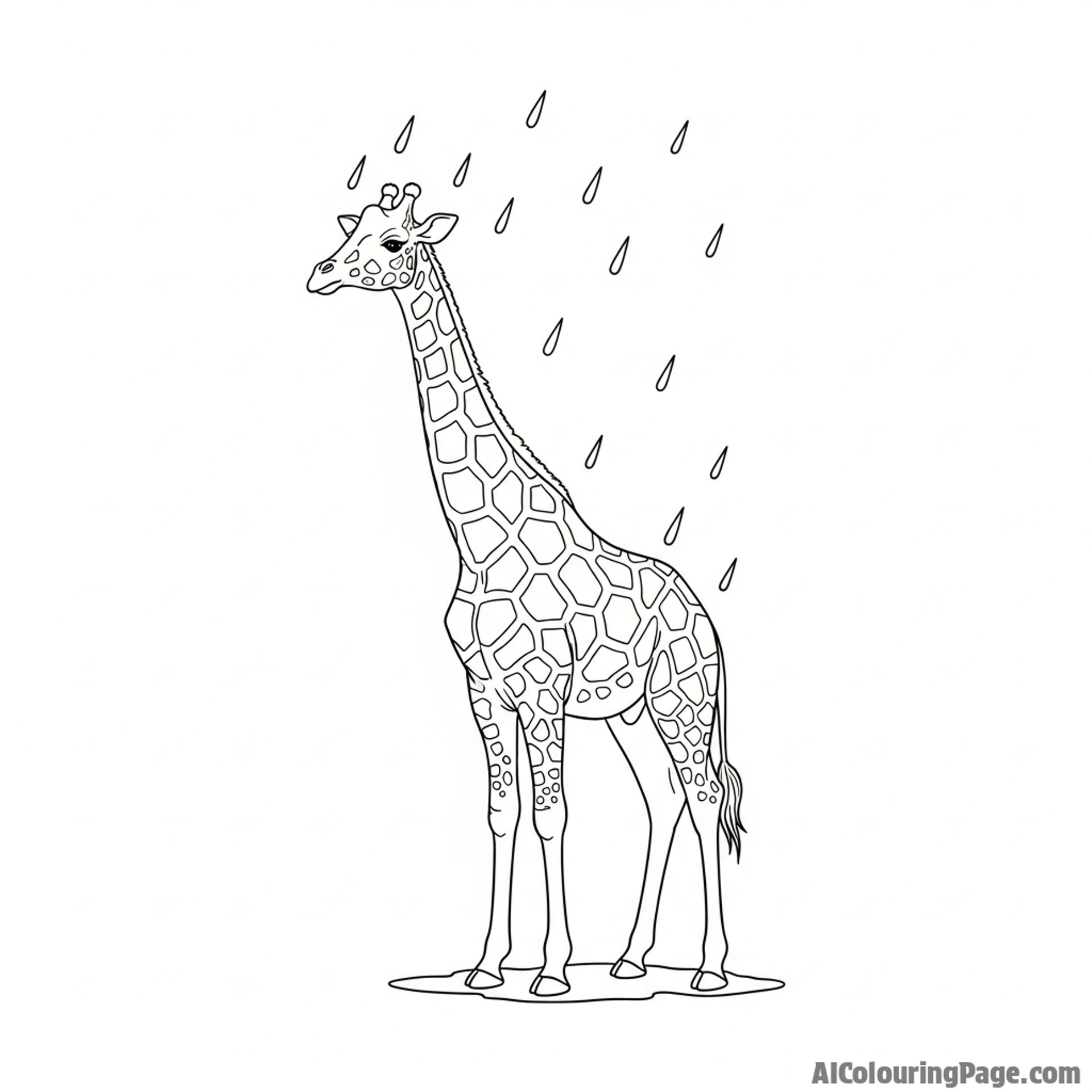 A cinematic shot of a giraffe standing calmly in a gentle downpour.