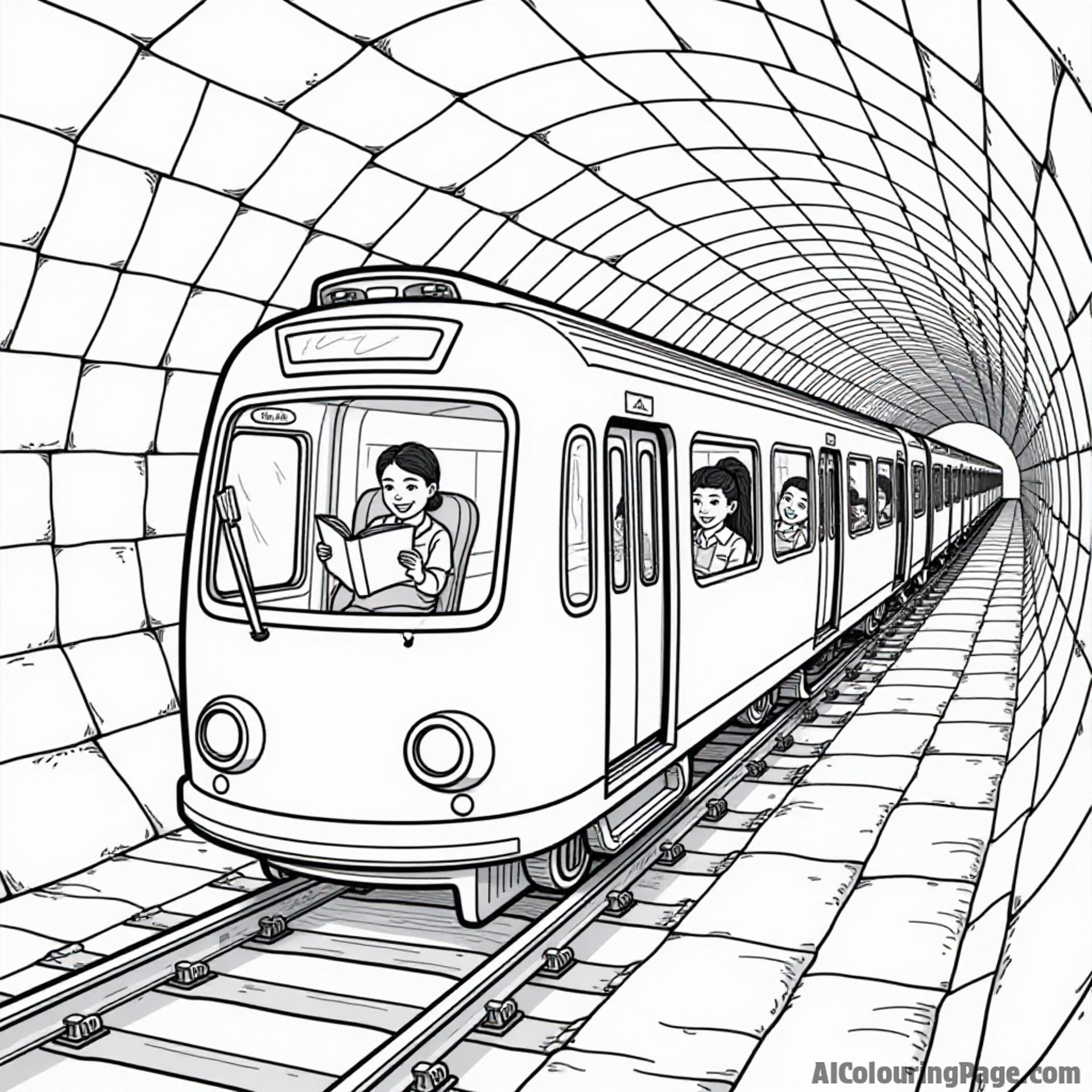 A whimsical scene of a subway train zooming through underground tunnels, with happy passengers reading books and listening to music.