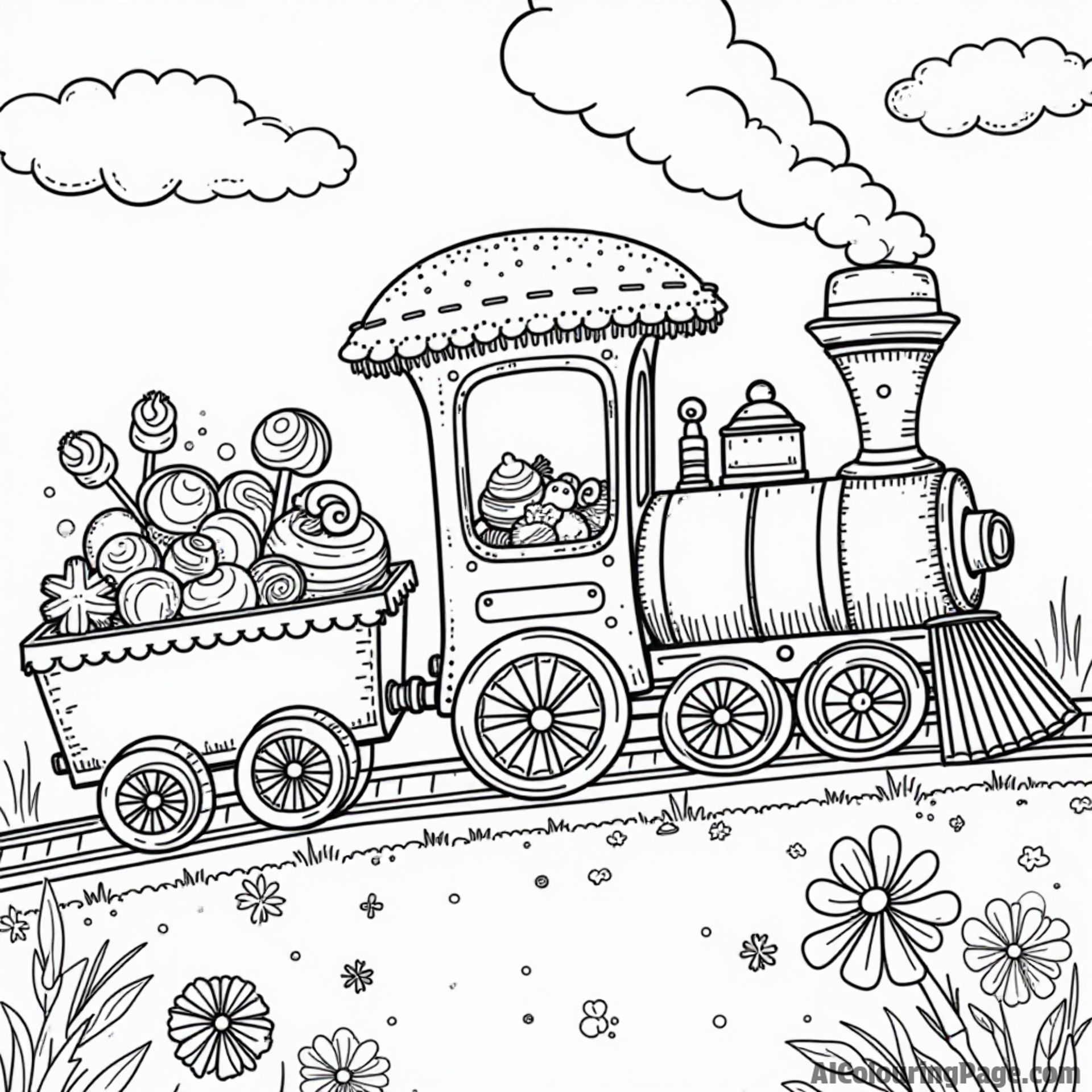 A playful scene featuring a candy-themed train with colorful carriages filled with sweets for kids to color and enjoy.