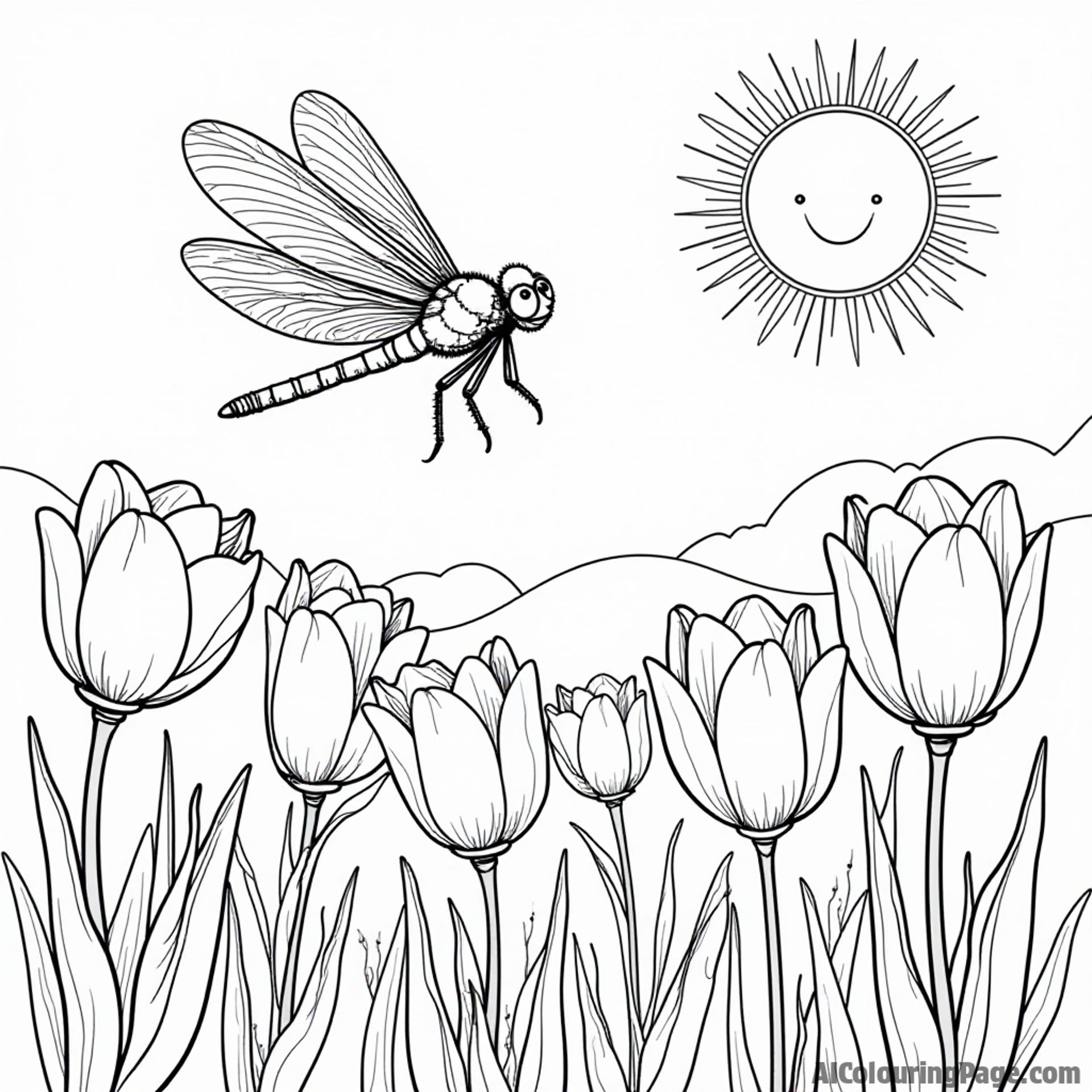 A dragonfly flying above a field of tulips with a smiling sun casting a warm glow over the landscape.