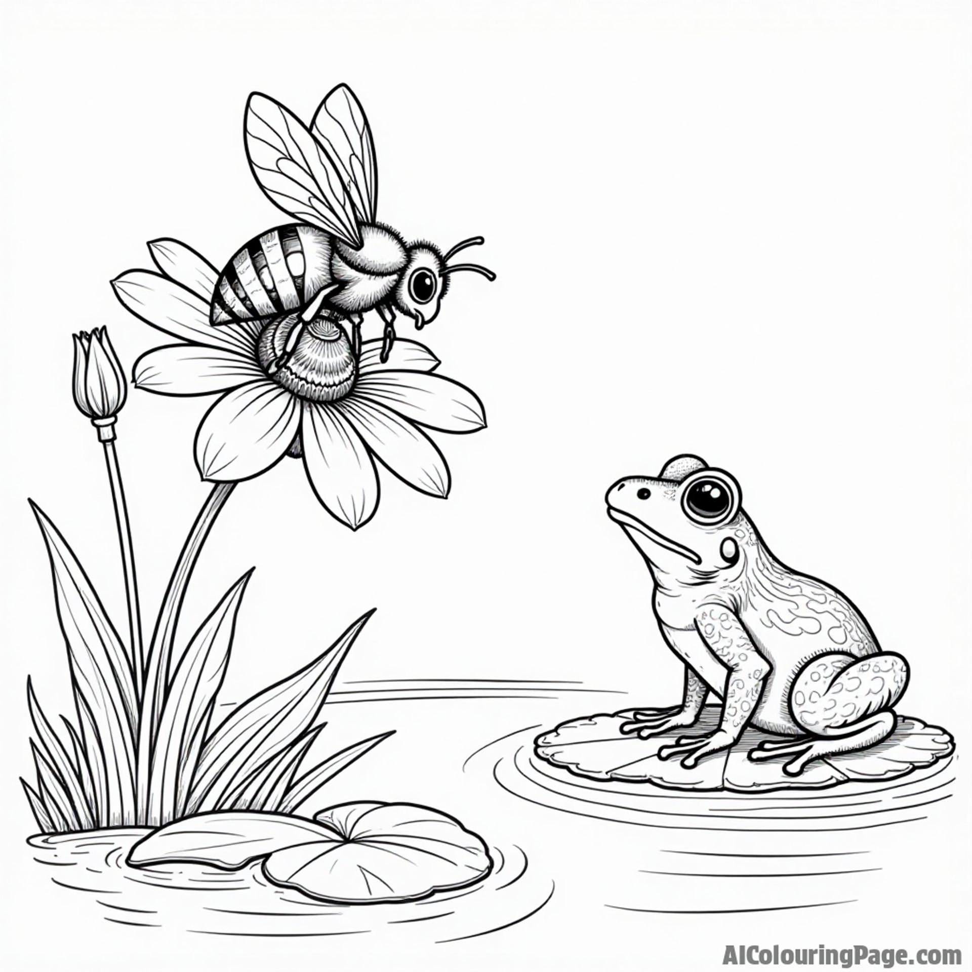 A bee perched on a flower while a curious frog watches from a nearby lily pad in a tranquil pond scene.