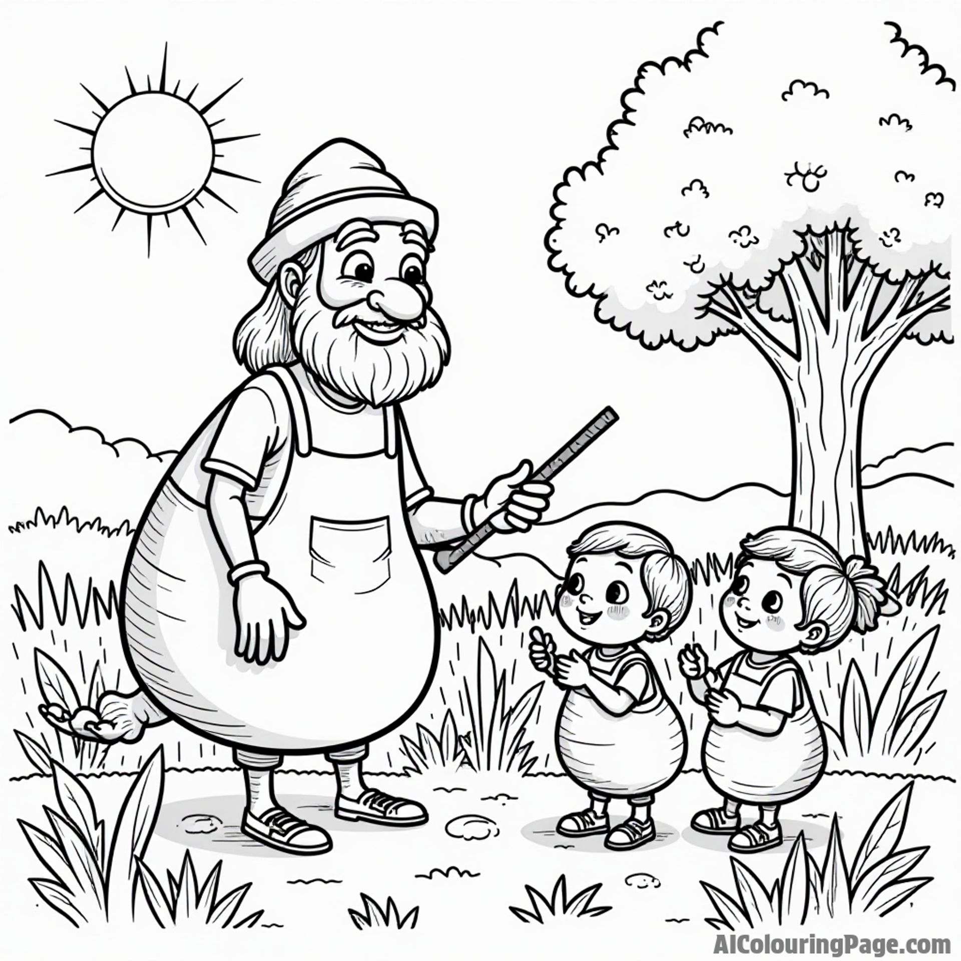 A wise old beet teaching young vegetables about gardening in a sunny field with a big tree.