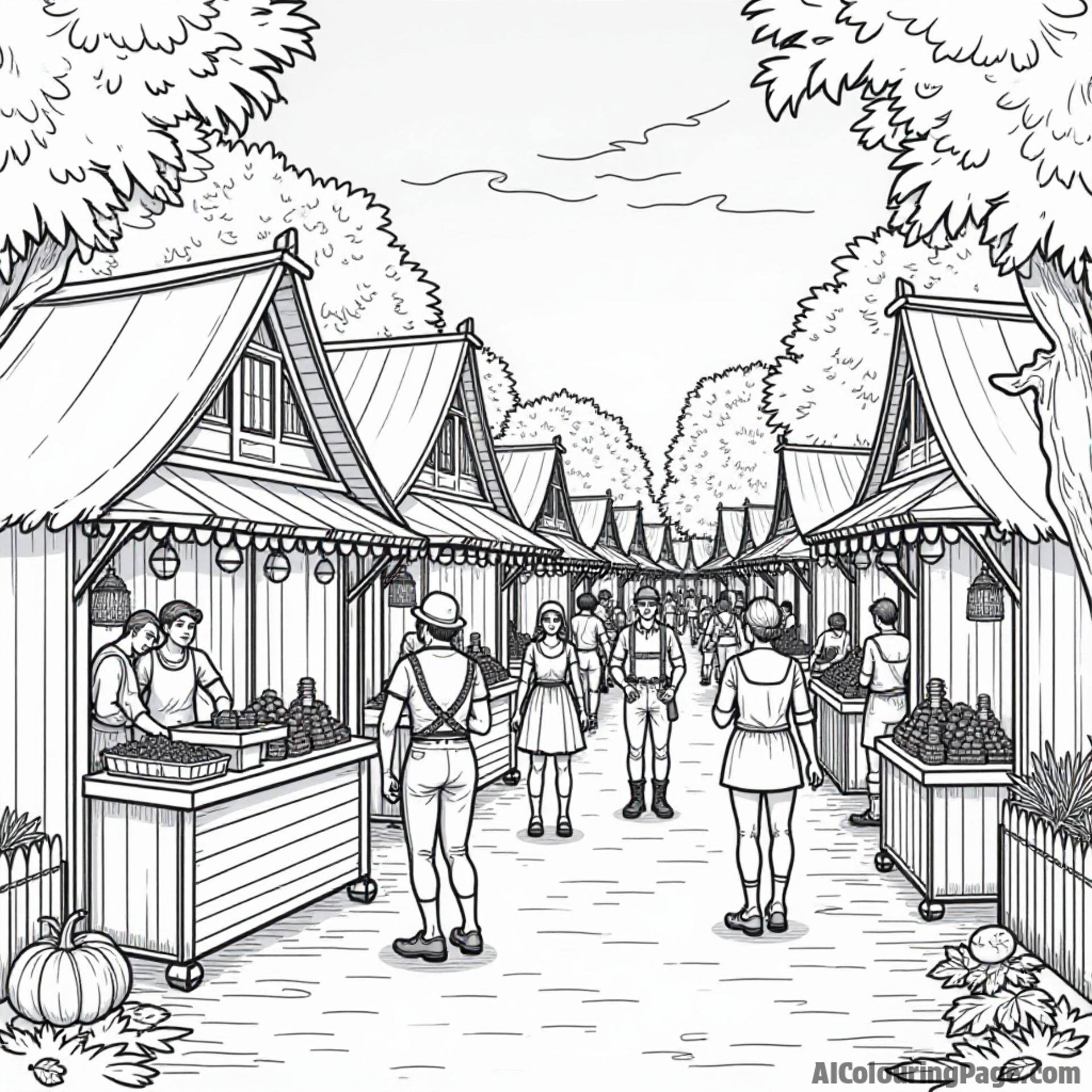 A festive Oktoberfest market scene with various stalls selling traditional foods and crafts, lively characters engaging in fun activities, and a backdrop of colorful autumn leaves for coloring.