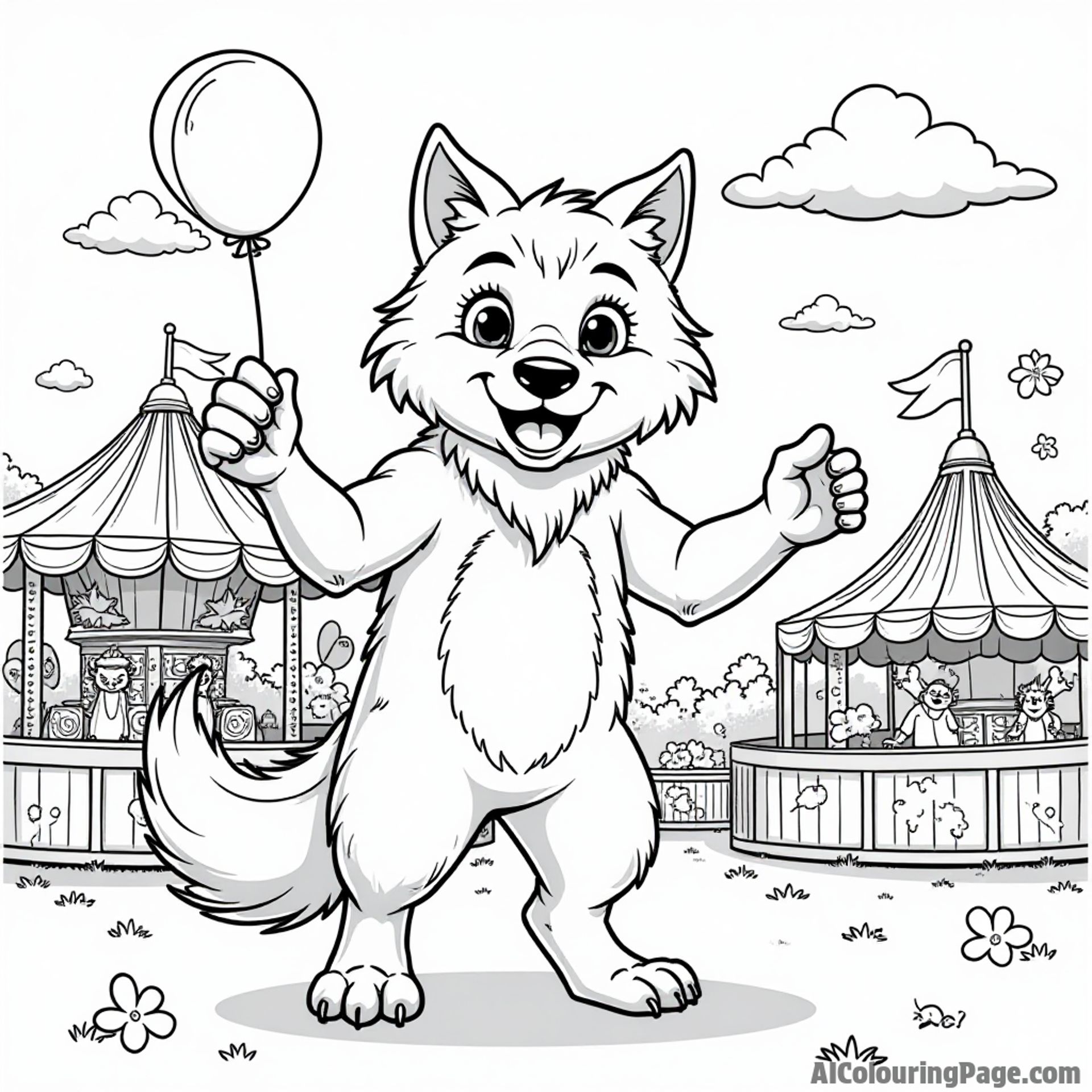 A werewolf enjoying a carnival with colorful rides, balloons, and cotton candy surrounded by cheerful friends.