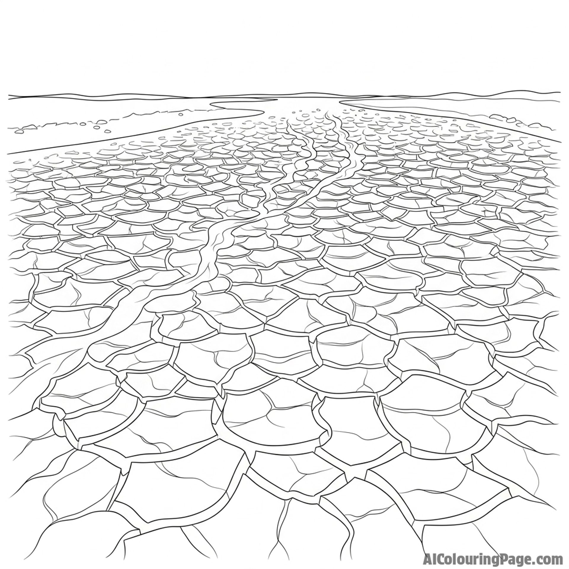 Dry river bed, cracked and parched, awaiting rain.