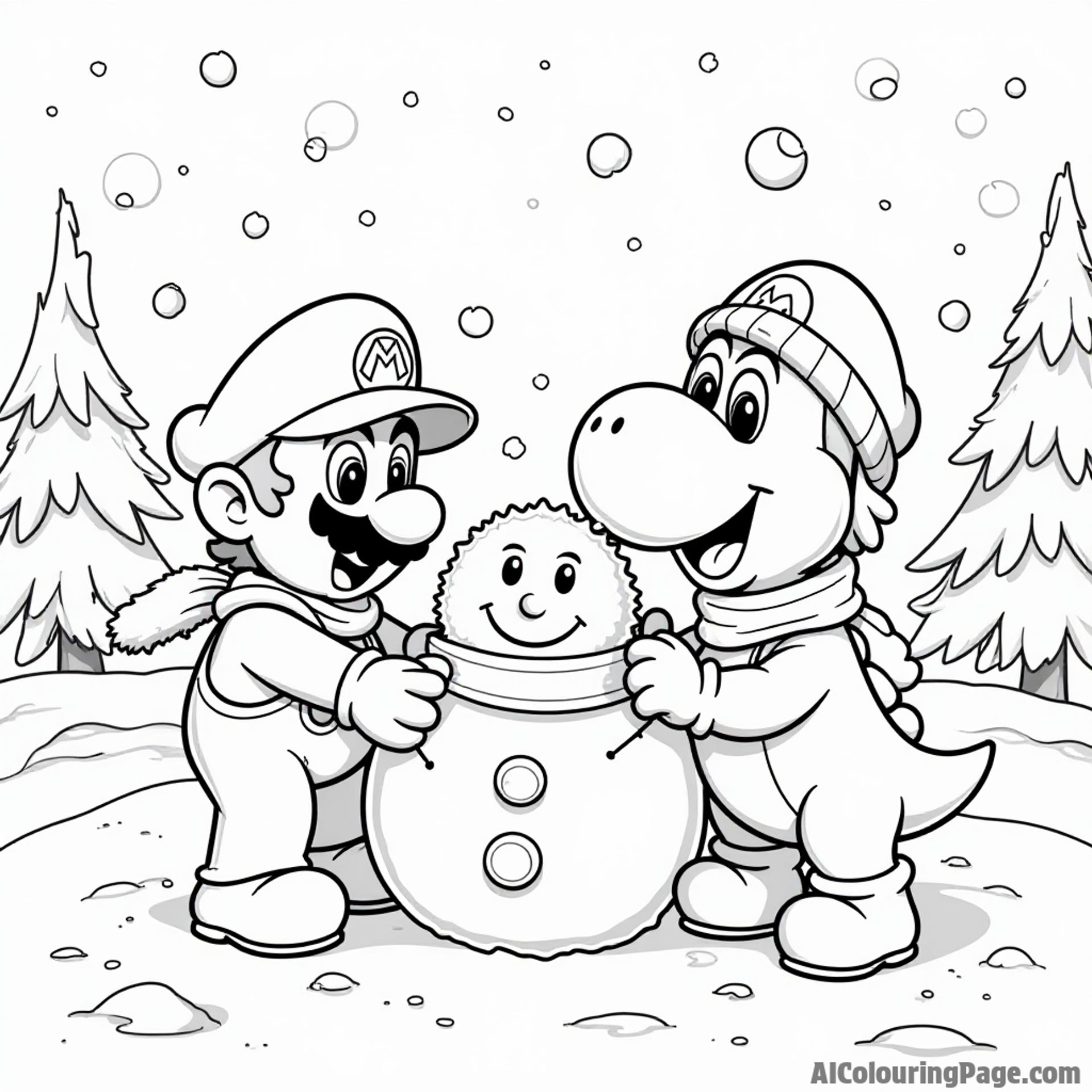 A snowy landscape with Mario and Yoshi building a snowman with scarves and hats.