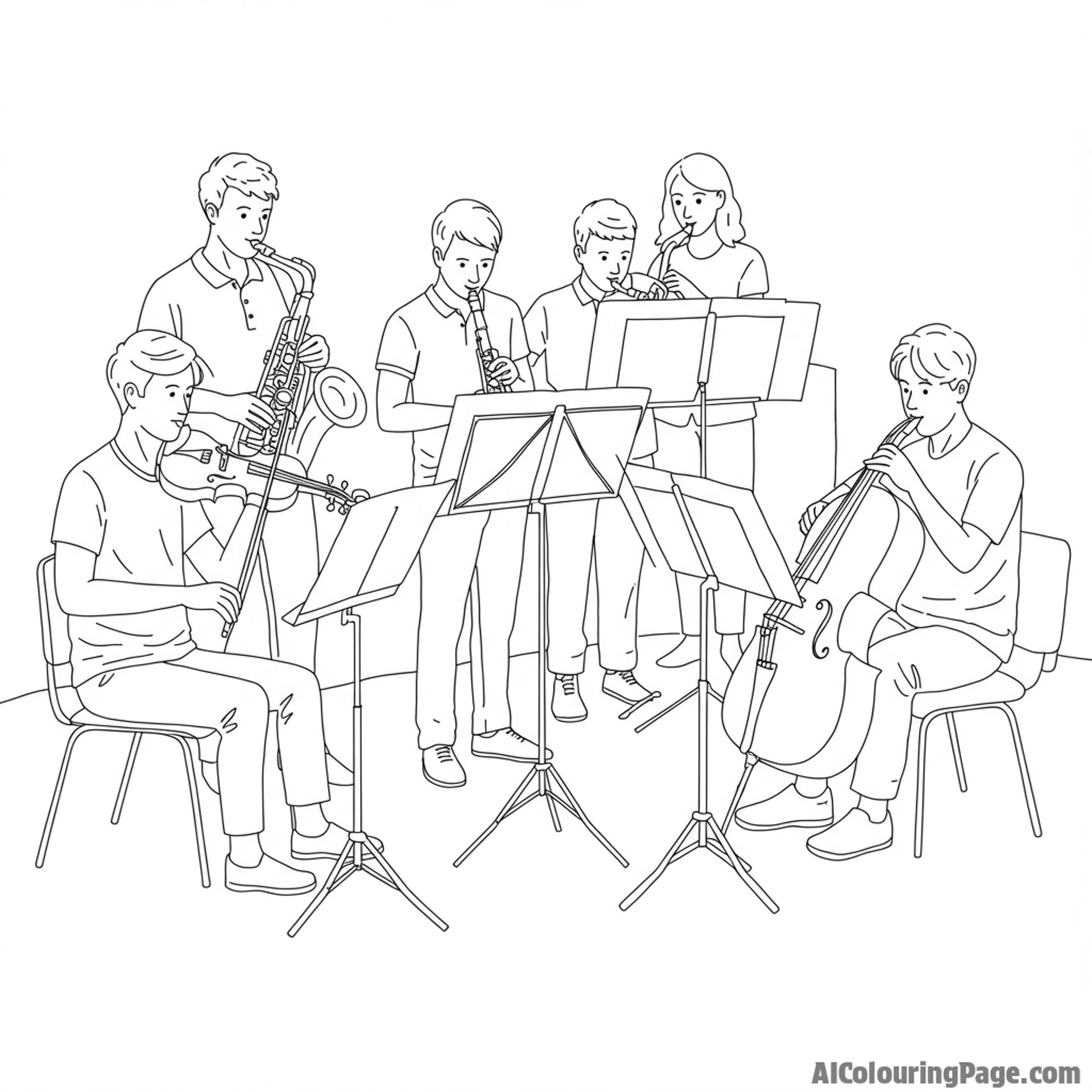 A group of musicians rehearsing together in a practice room.