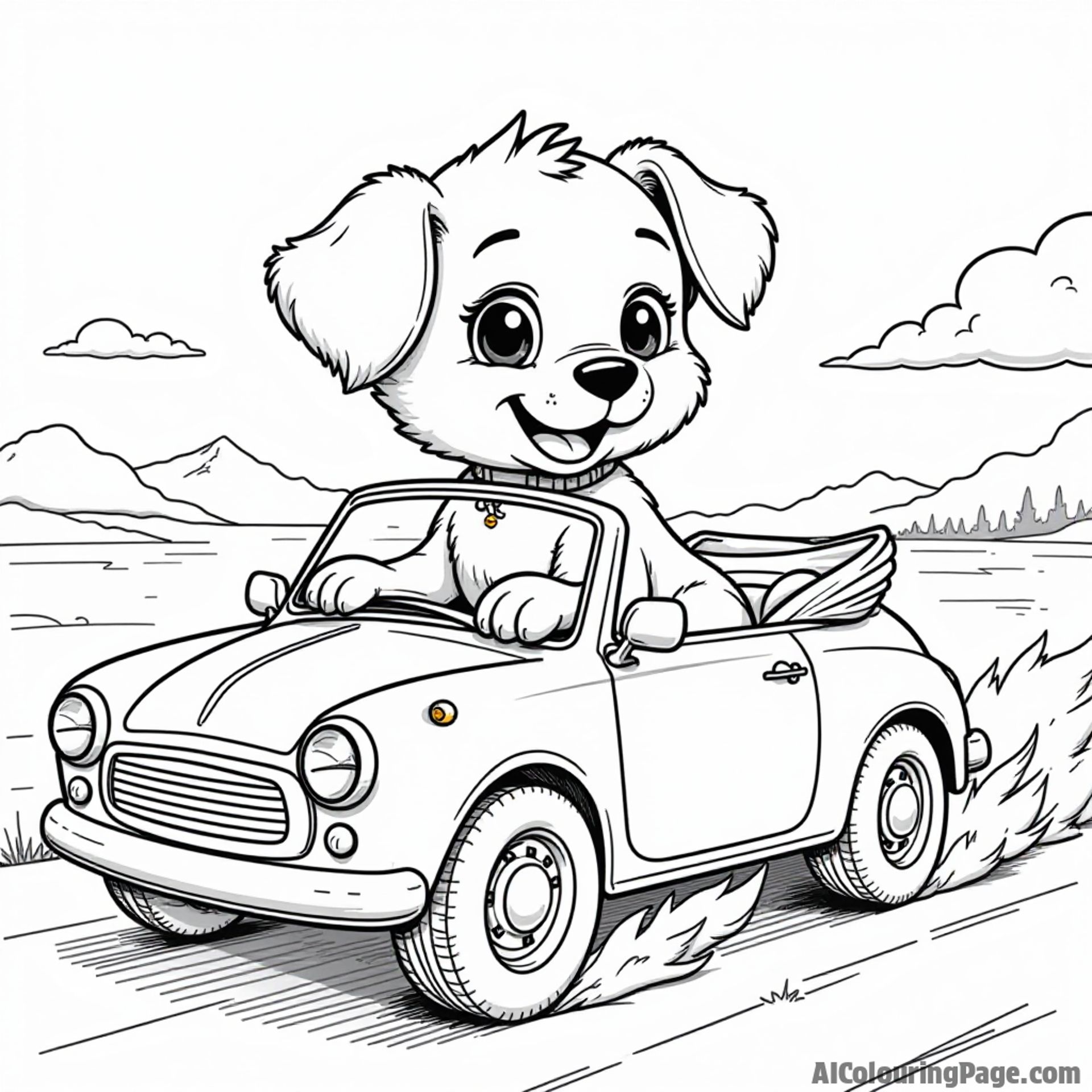 Puppy coloring page, riding in a car, wind blowing, adventurous spirit.