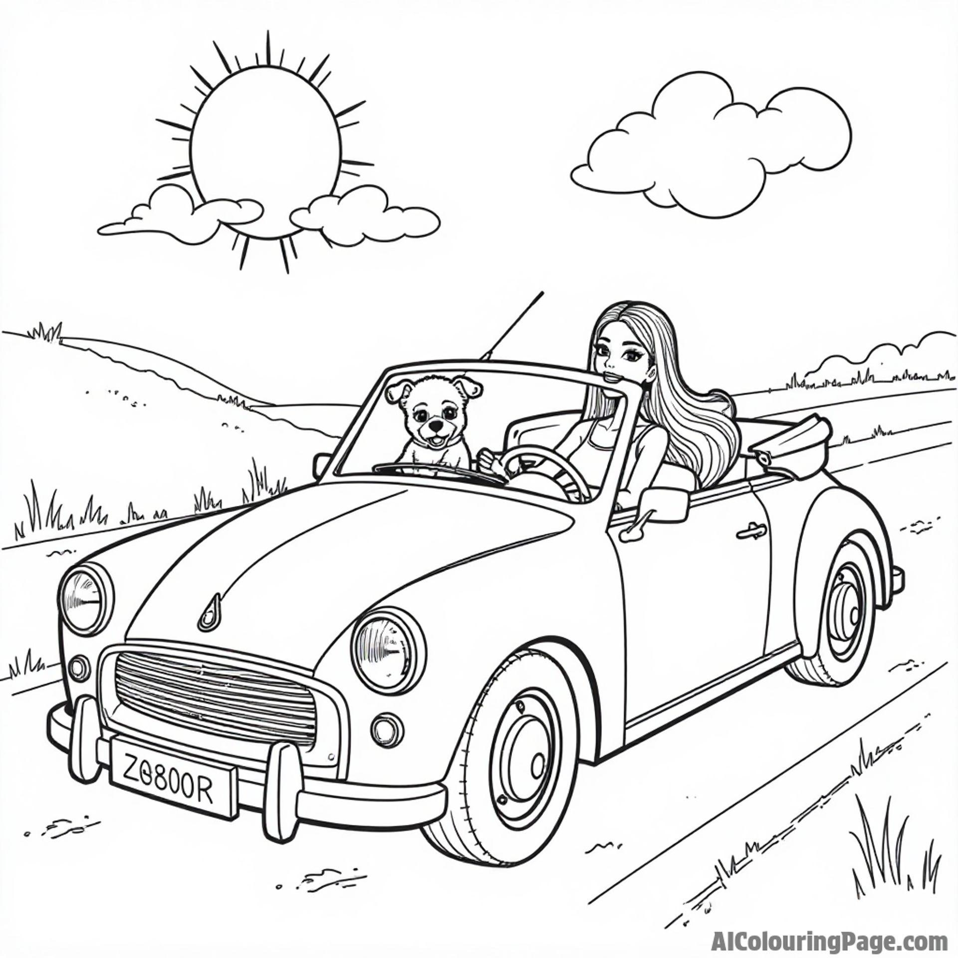 Barbie driving a stylish convertible car on a sunny day, with a cute puppy in the passenger seat, smiling happily.