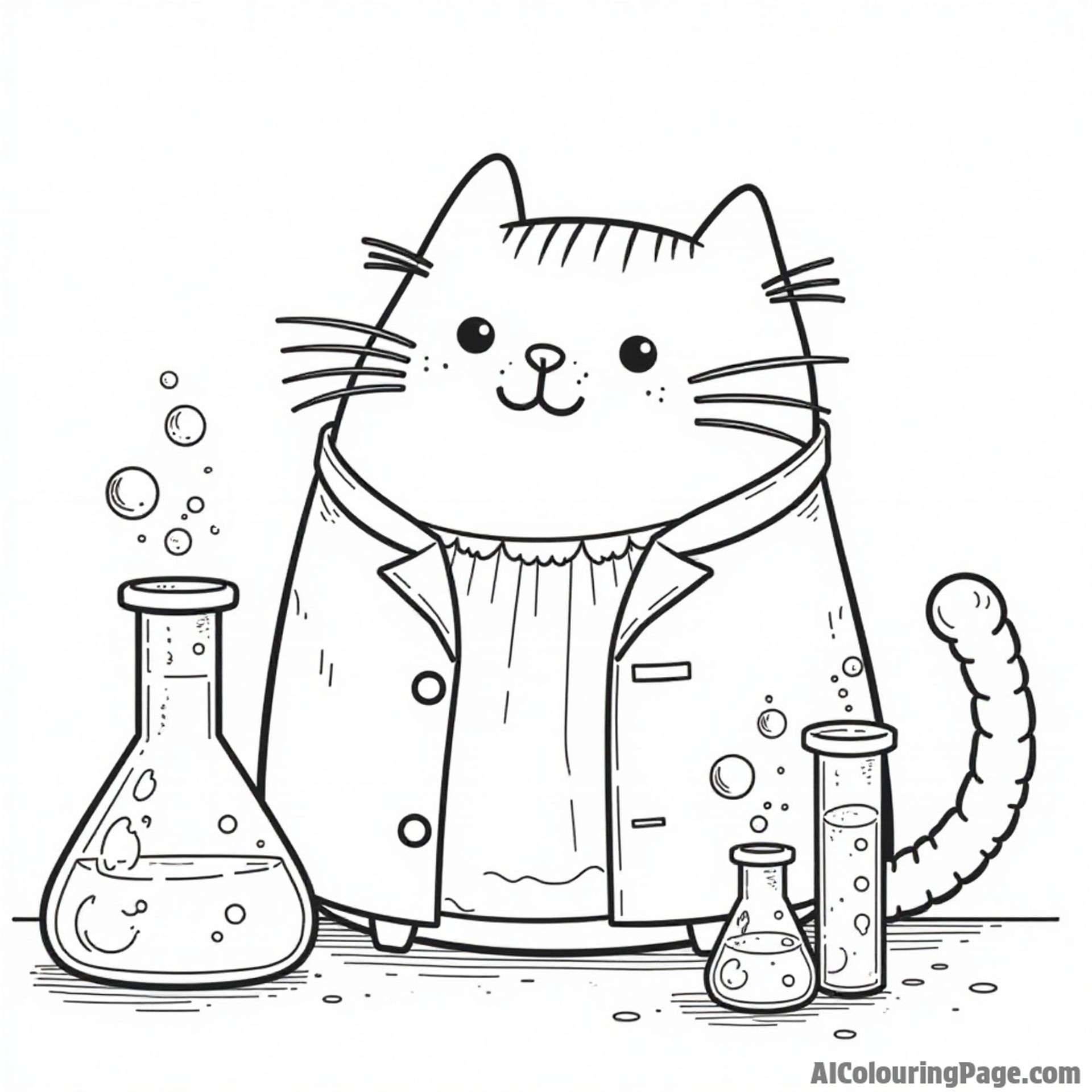Pusheen at a science fair with beakers and test tubes bubbling over creating fun experiments with a lab coat