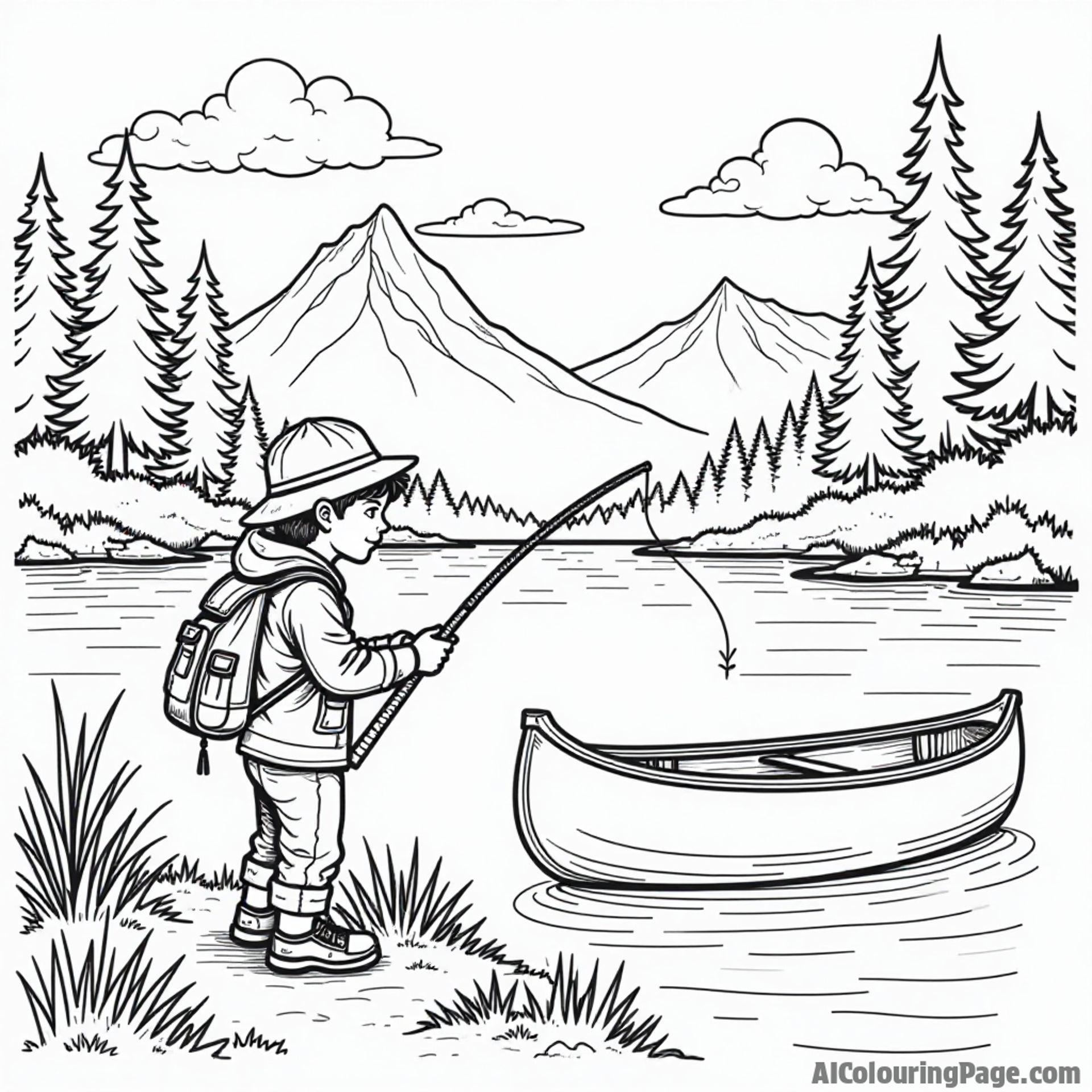 An adventurous kid fishing by a lake, with a canoe nearby, and mountains in the distance, United States coloring pages.