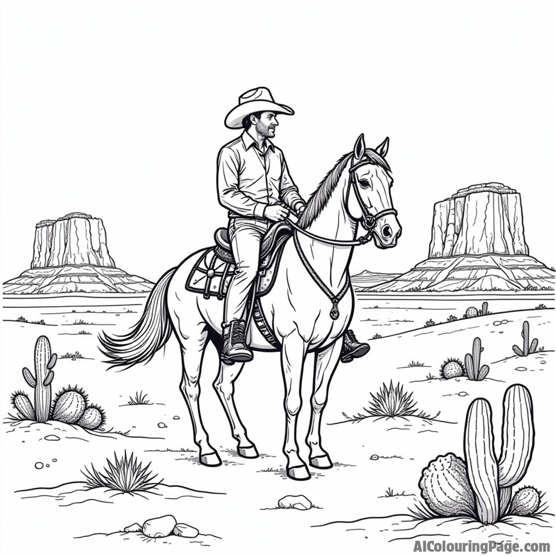A cowboy riding a horse in Monument Valley, with cacti and dramatic rock formations, representing the Wild West adventure.