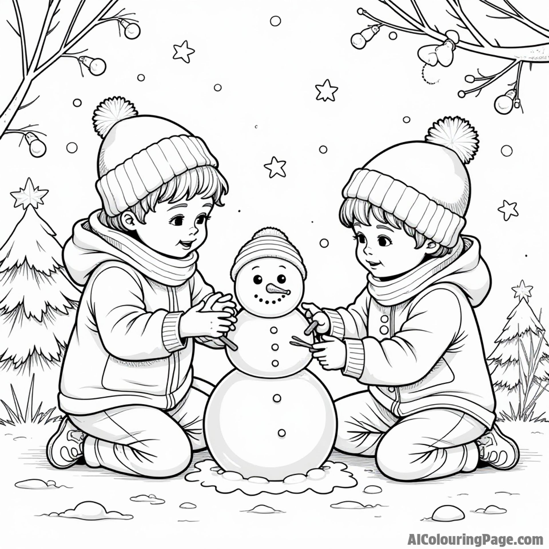 A cozy winter scene with kids making snowmen out of marshmallow and candy, surrounded by festive decorations for coloring fun.