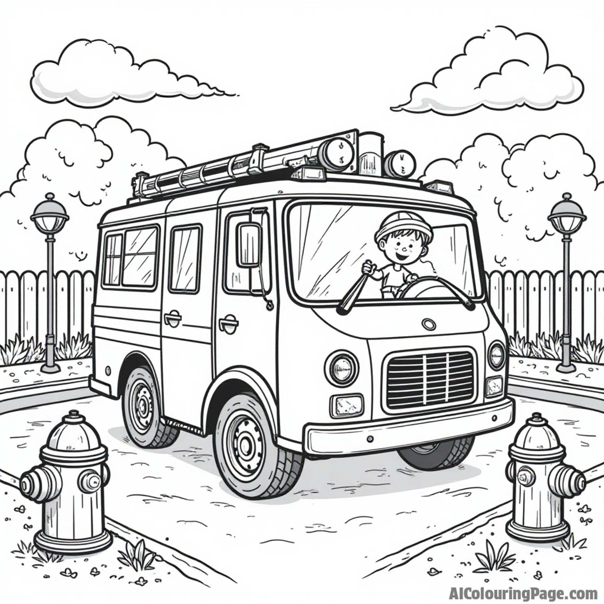 A fire truck surrounded by fire hydrants and colorful playground equipment, with children rollerblading nearby, inviting creativity in a black and white design.