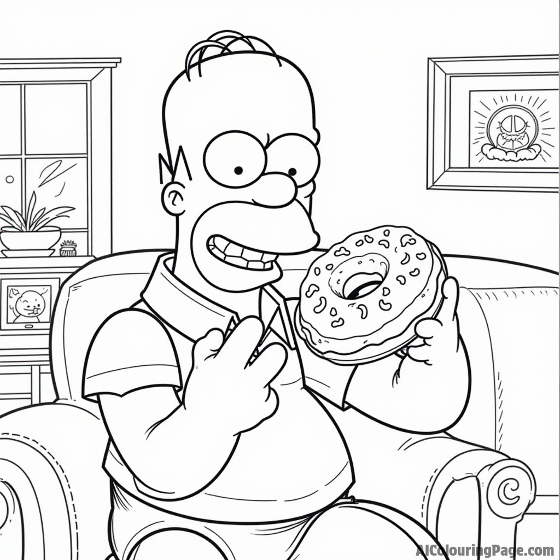 Homer Simpson enjoying a donut with a big smile while sitting on a couch in a cozy living room setting.