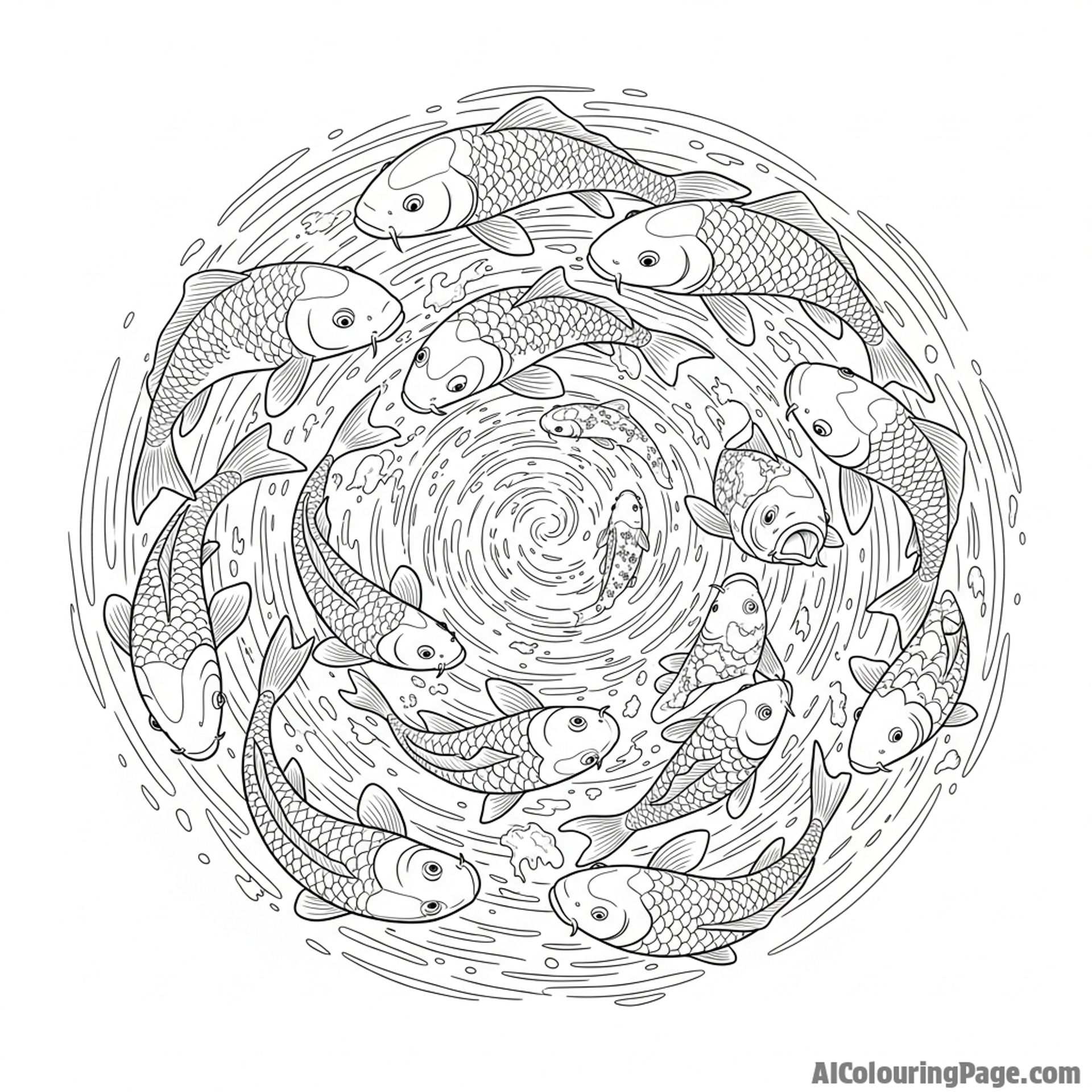 The swirling vortex of water and motion created by a school of koi in a feeding frenzy.