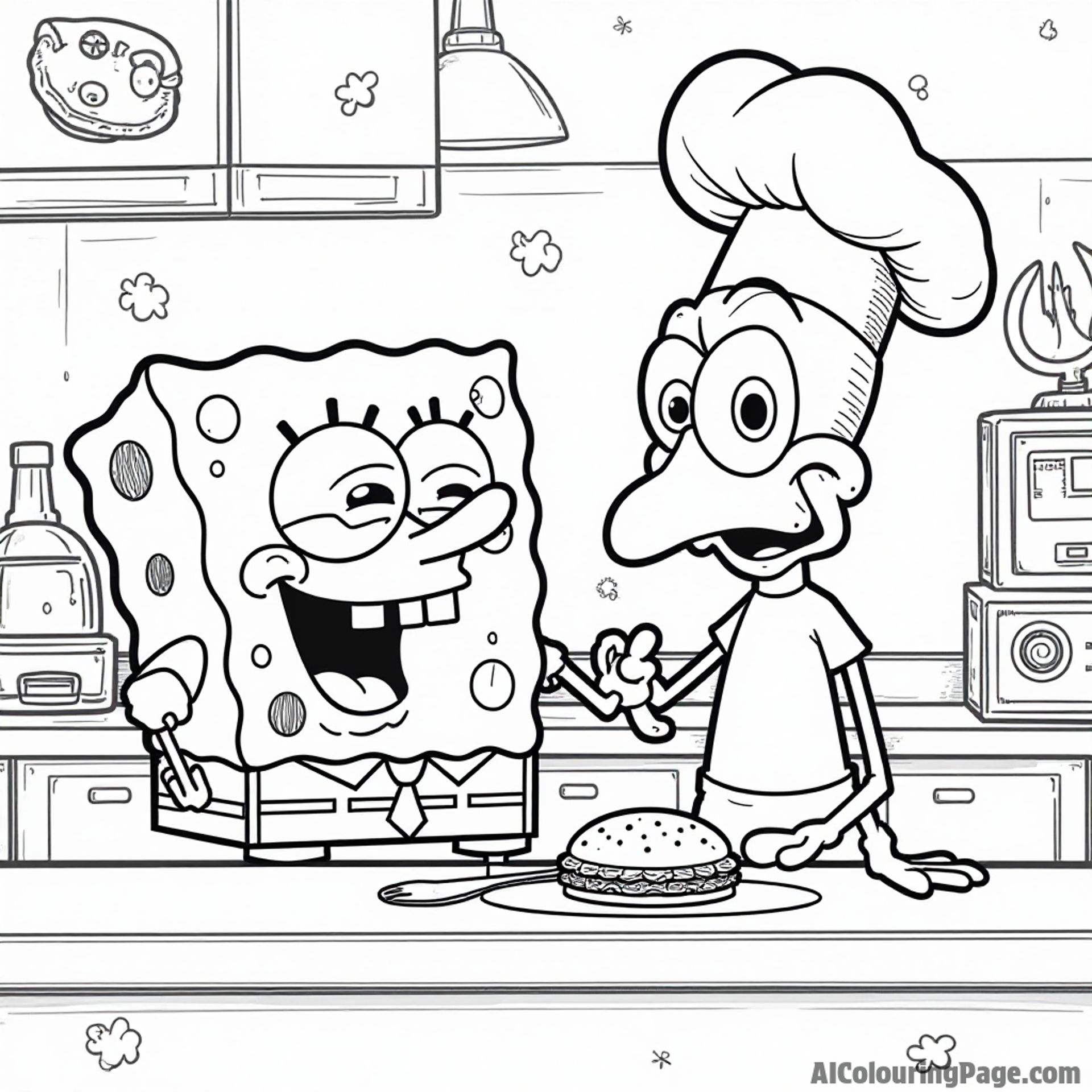 SpongeBob cooking Krabby Patties in the Krusty Krab kitchen with Squidward looking annoyed and a funny crabby cash register