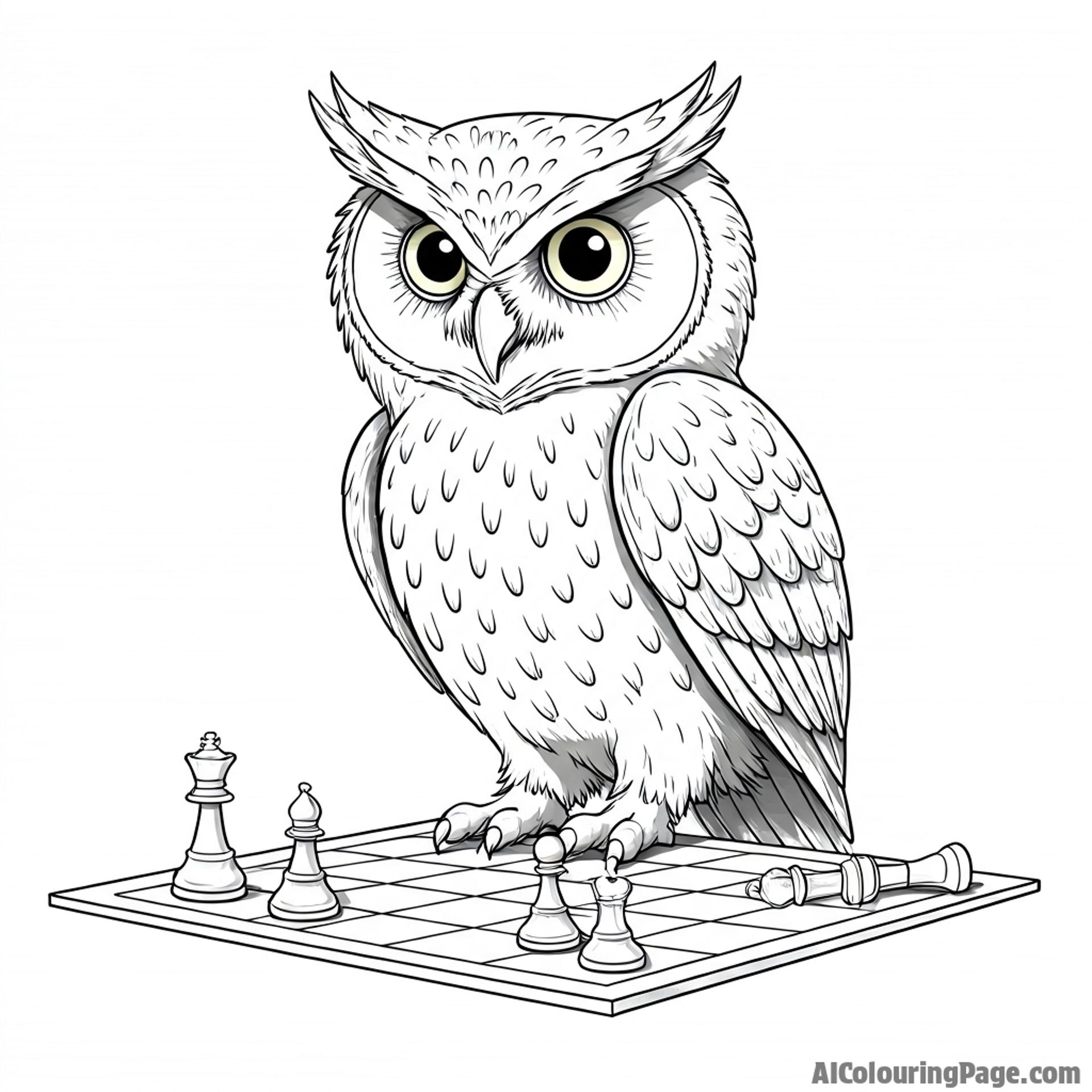 An owl observing a chessboard with scattered pieces.