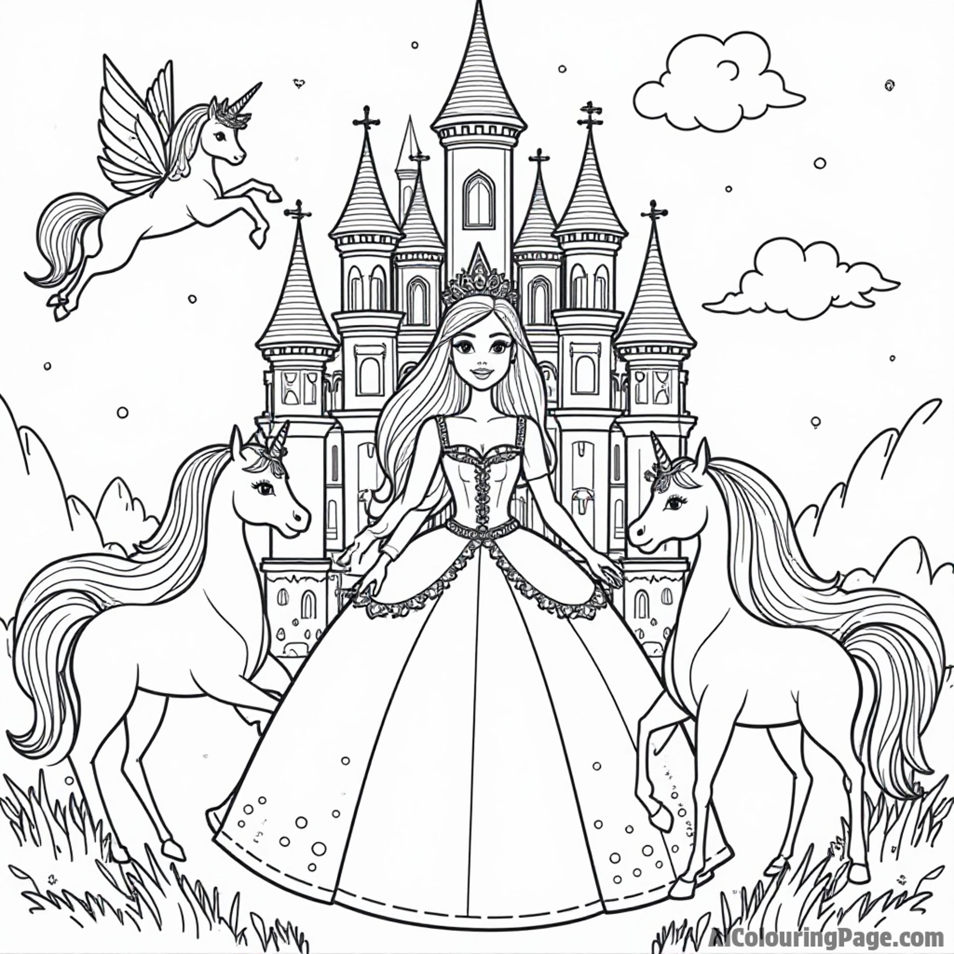 Barbie in a beautiful princess castle, wearing a crown, surrounded by magical creatures like unicorns and fairies.