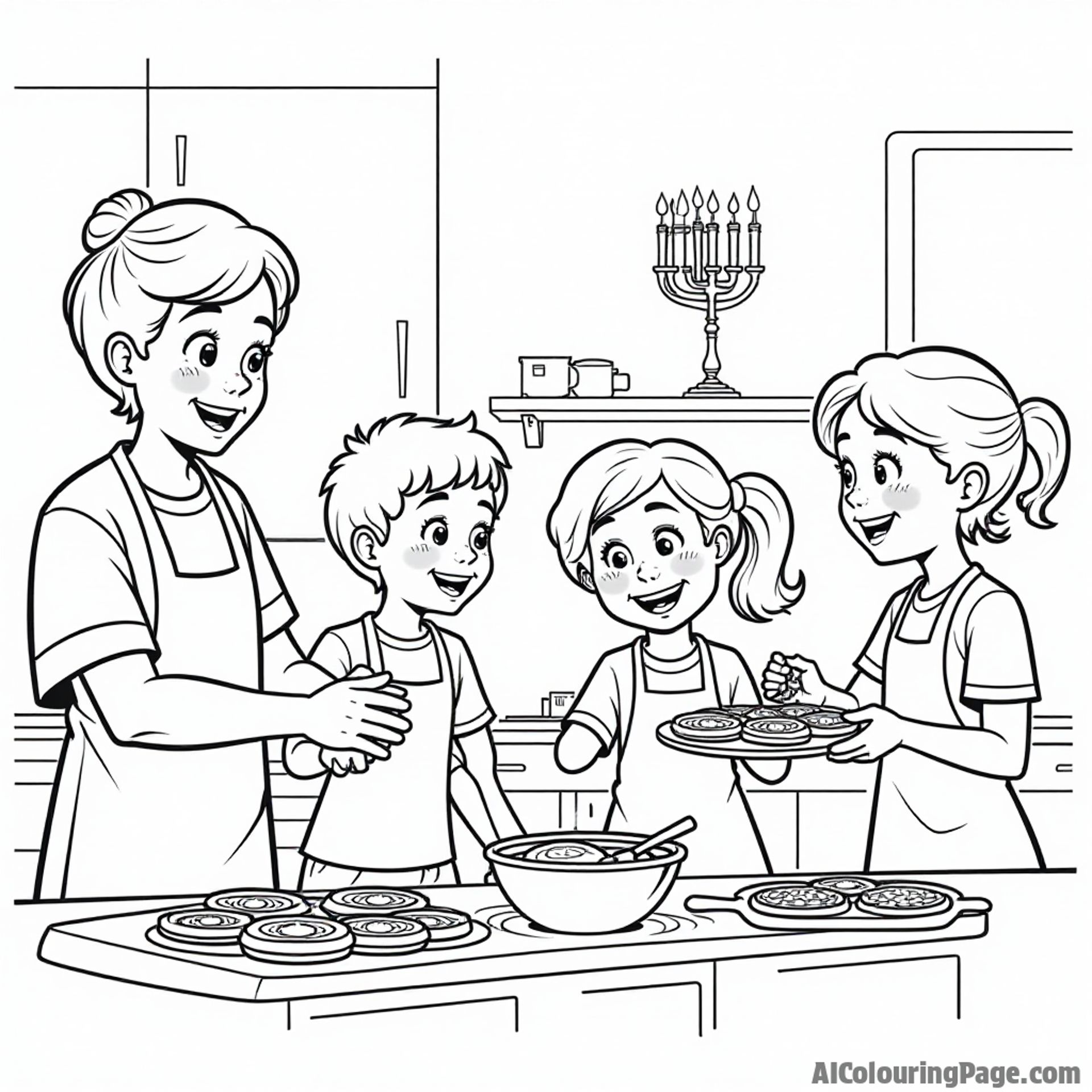 A vibrant kitchen scene with a family making latkes, with a menorah in the background, inviting kids to color the deliciousness and warmth of Hanukkah festivities.