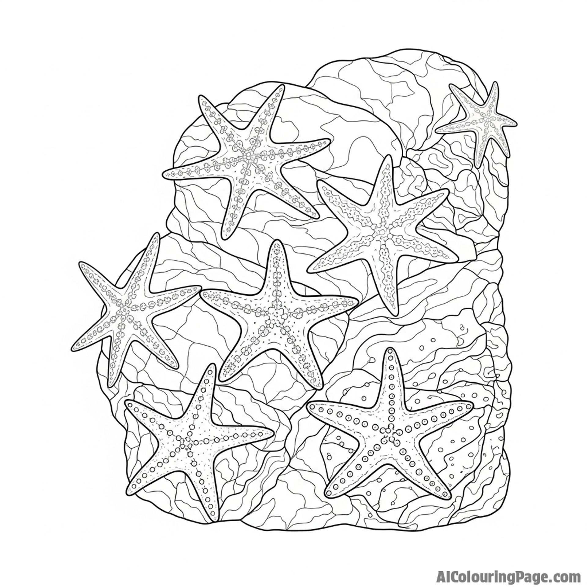 A group of starfish clinging to rocks.