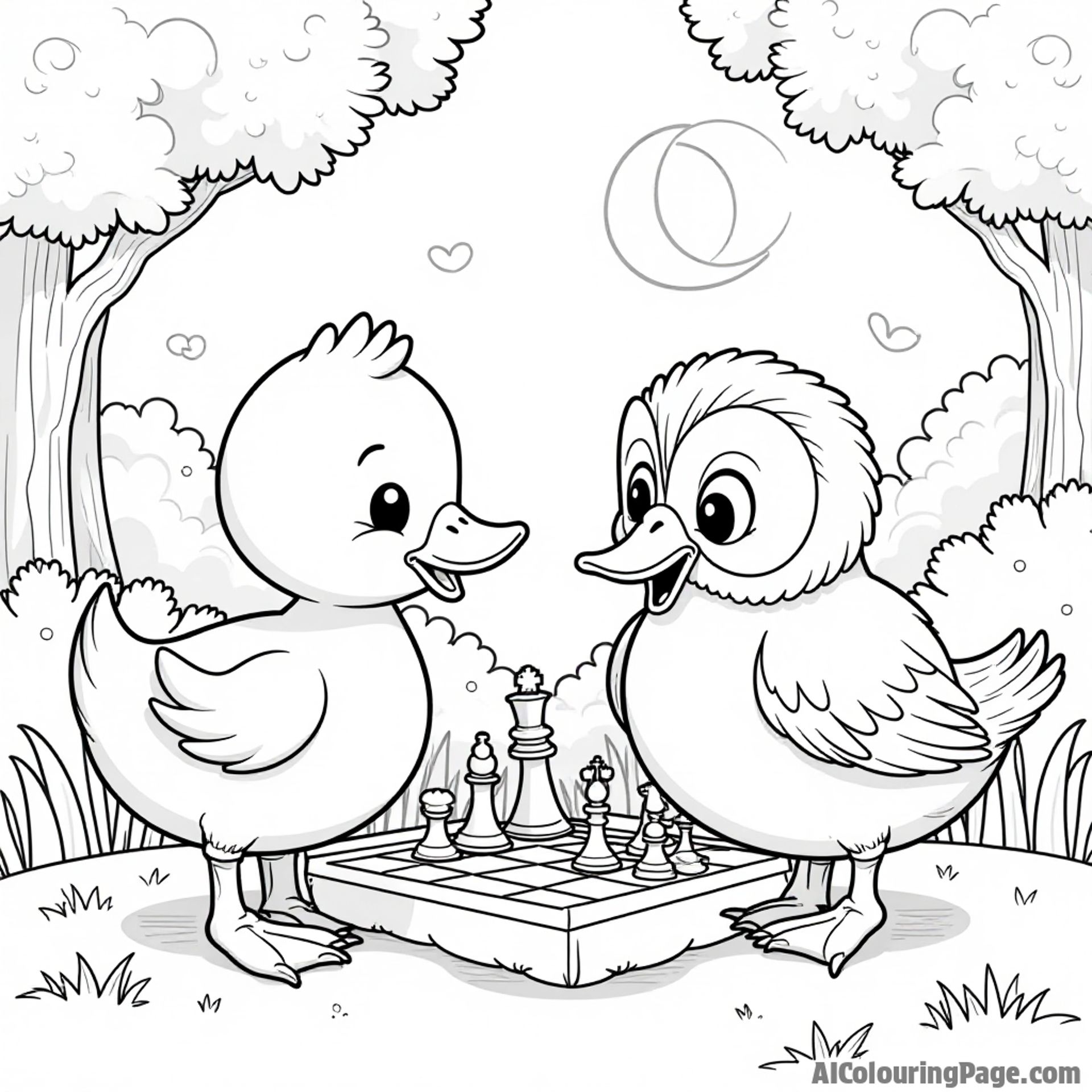A friendly duck playing chess with a wise old owl under the moonlight in a cozy garden.