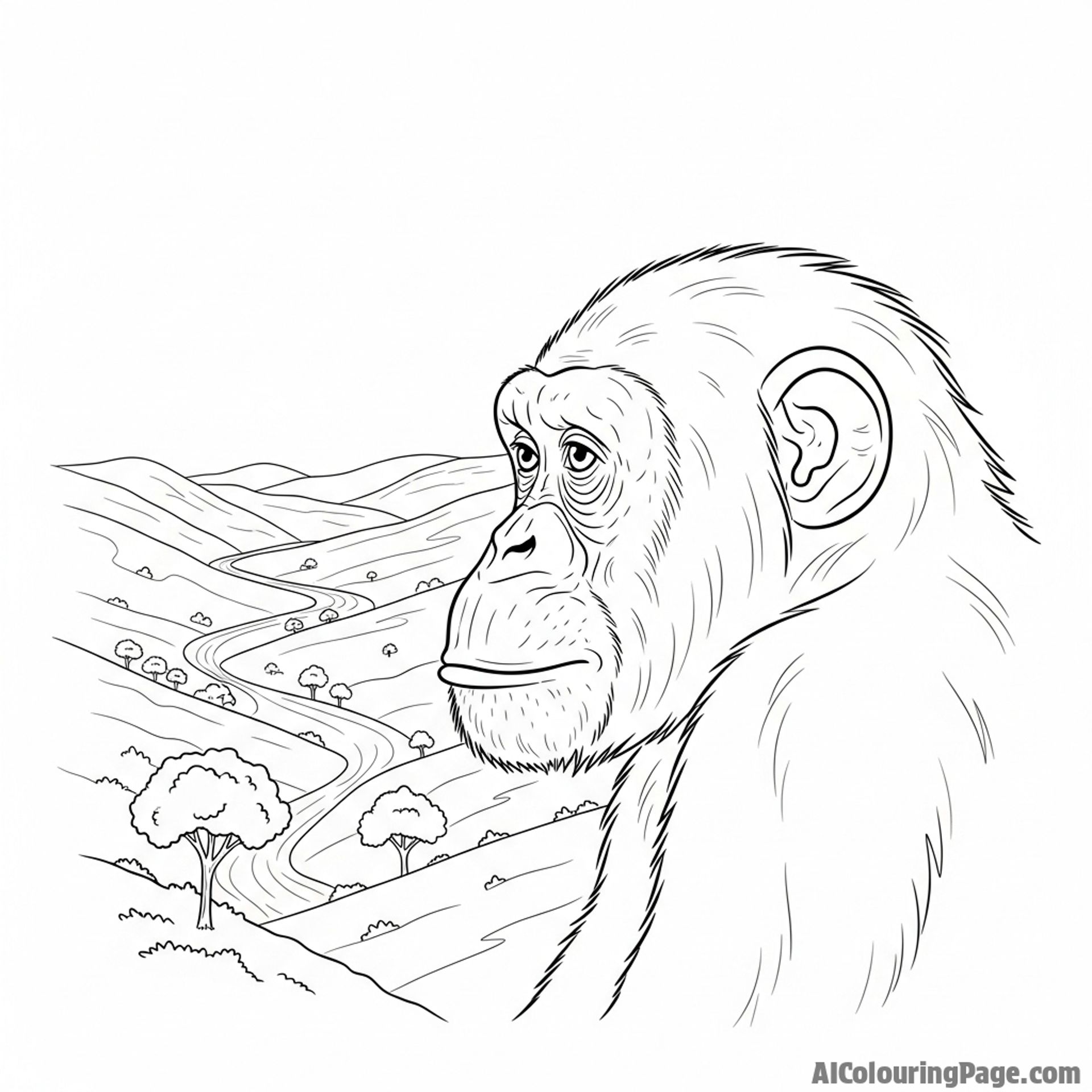 A final, poignant portrait of a solitary chimpanzee looking out over a vast valley.