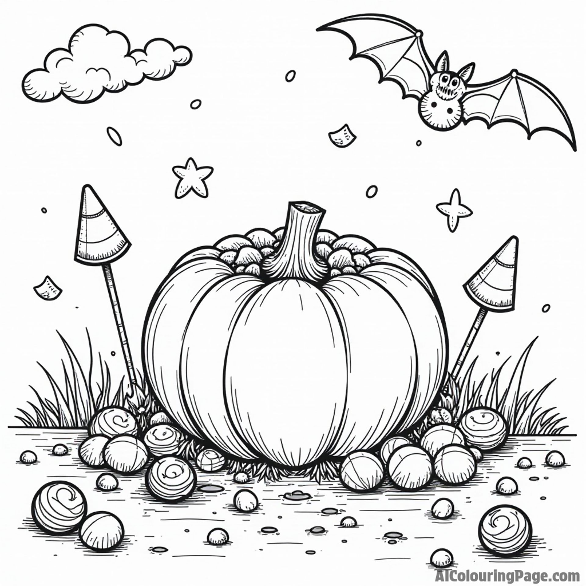 A festive Halloween scene with candy corn, chocolate bats, and lollipops scattered around for kids to add their artistic flair.