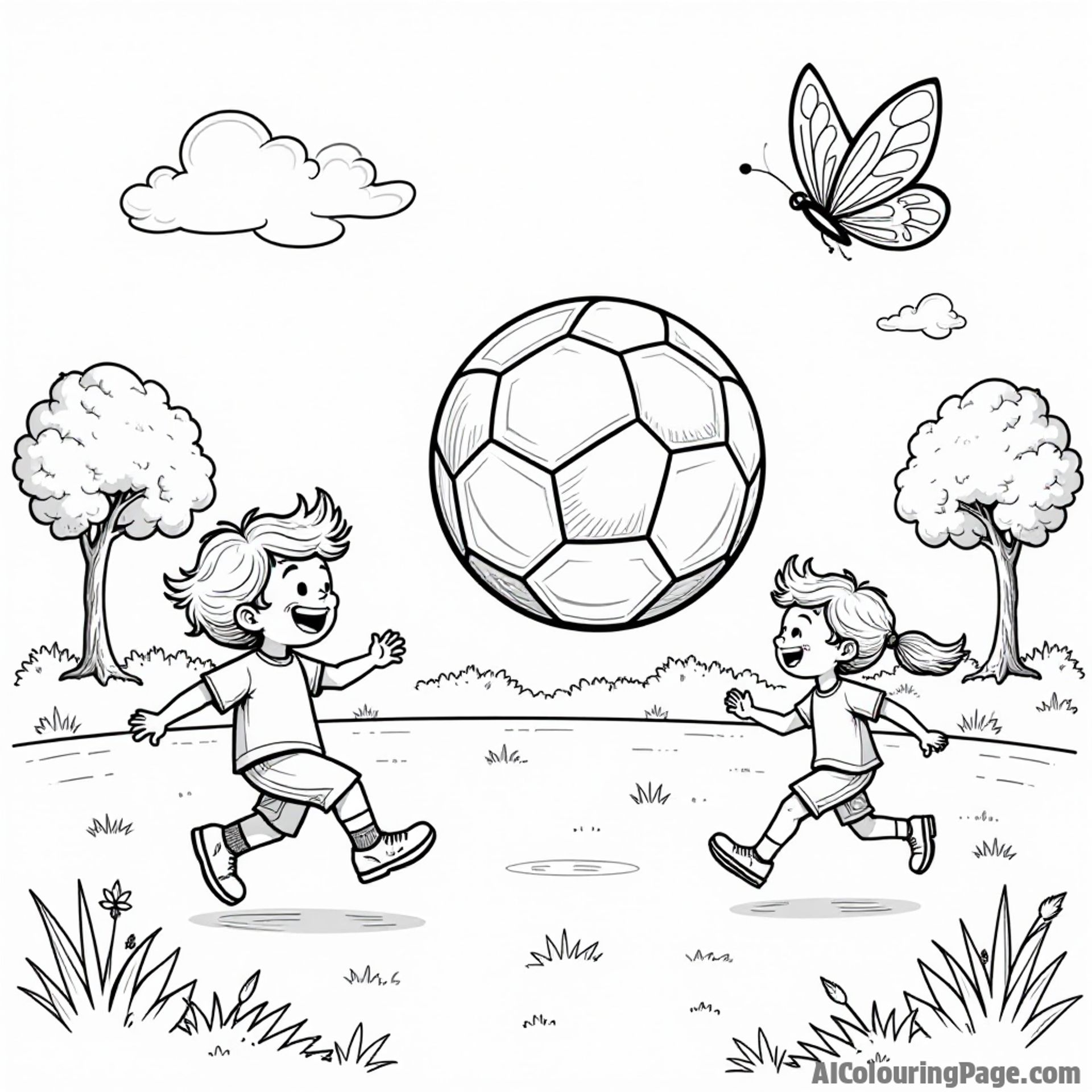A whimsical soccer scene with a giant soccer ball bouncing in the park, kids running excitedly, and a butterfly fluttering by, all outlined for a cheerful black and white coloring experience.