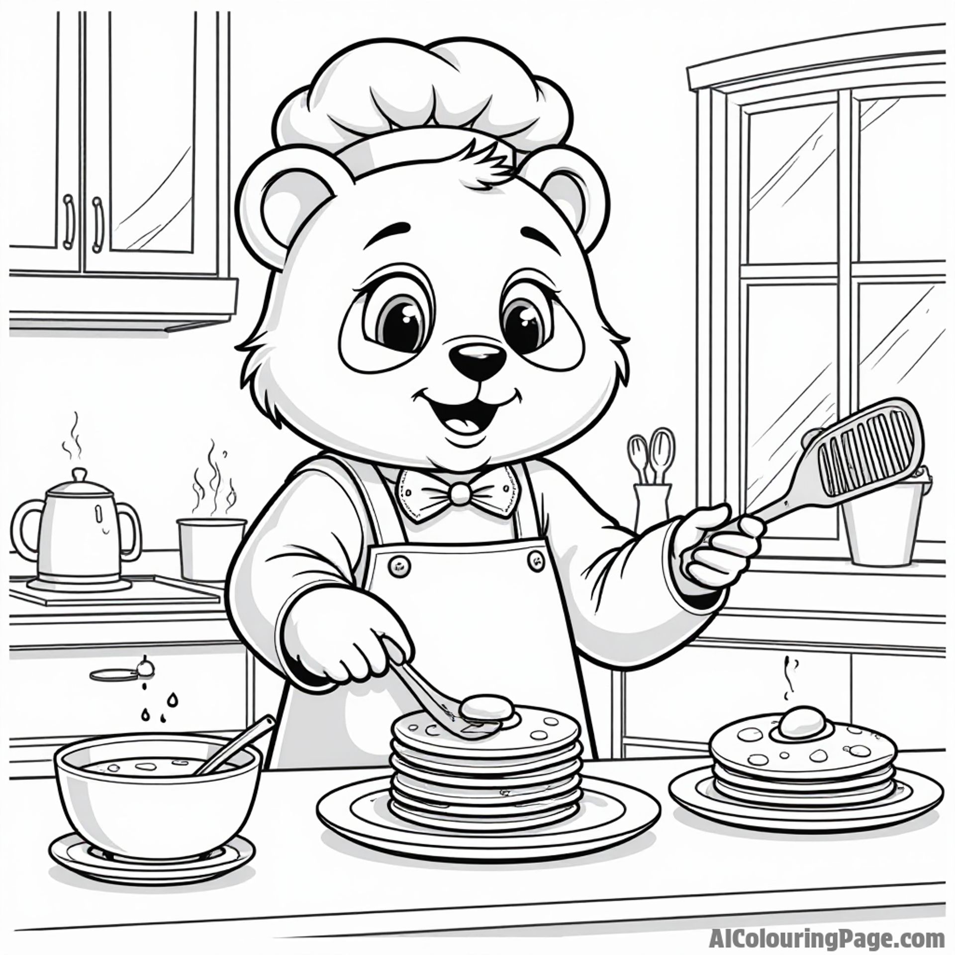 A cheerful panda chef flipping pancakes in a cozy kitchen filled with colorful utensils and a window view