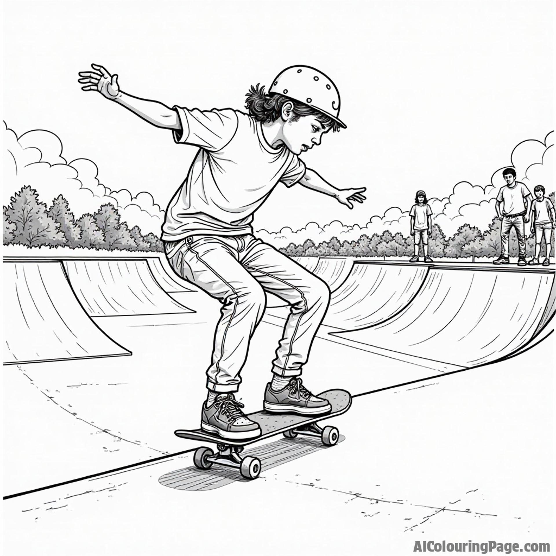 A skateboarder practicing tricks at a skate park, with ramps and other kids watching, capturing the thrill of sports in a black and white coloring book style.