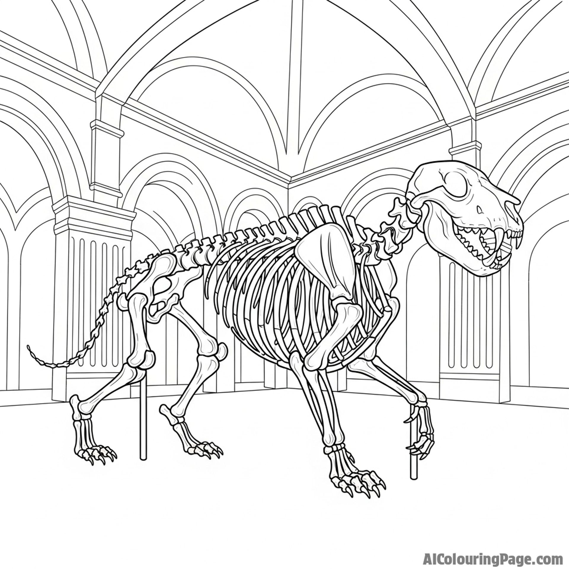 The complete skeleton of a lion articulated and displayed in a grand museum hall.
