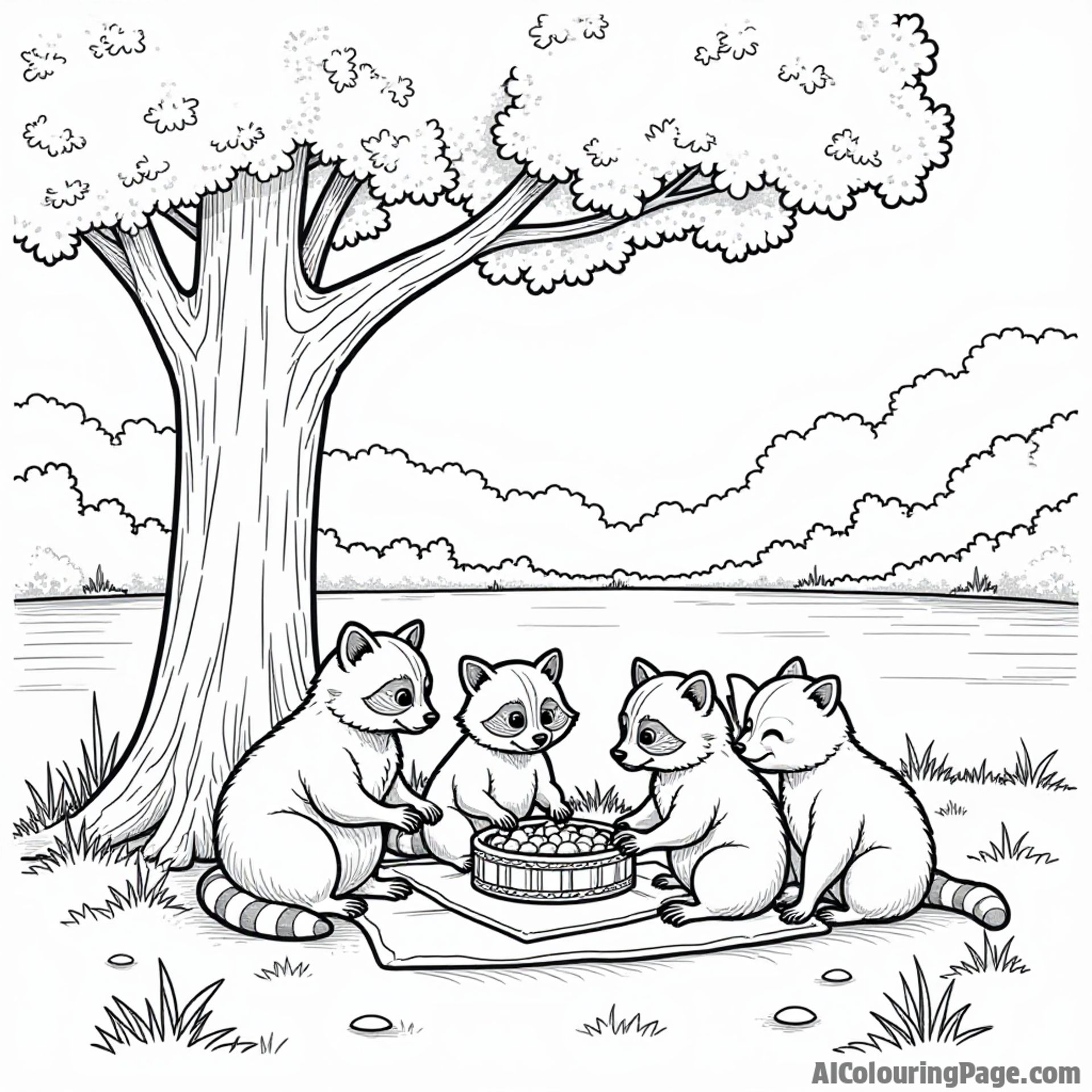 A playful family of raccoons enjoying a picnic under a large tree in a Kentucky park with a pond nearby.